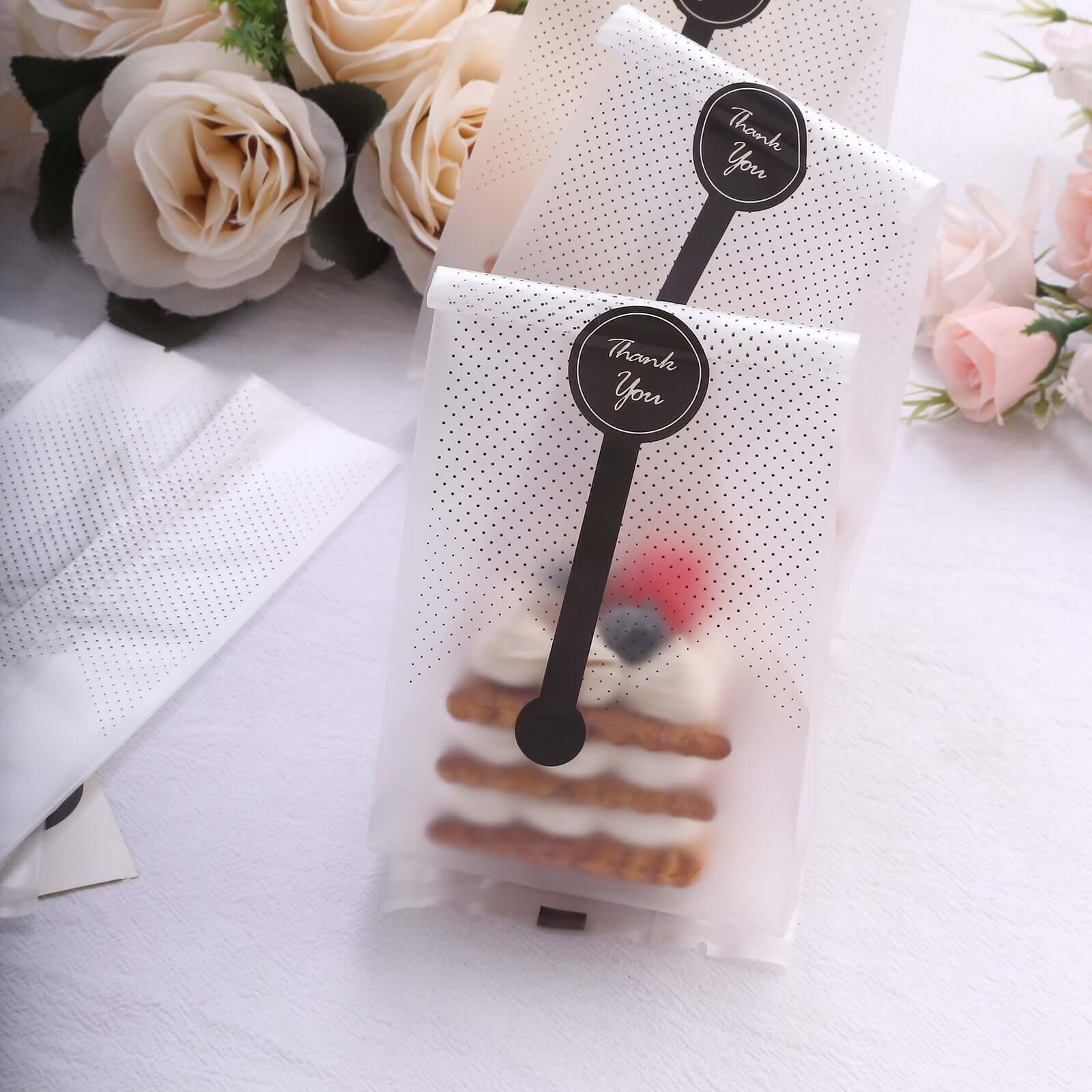 50 Pack Clear Black Dotted Plastic Goodie Gift Bags with "Thank You" Paper Stickers, Rectangular Party Favor Candy Treat Bags - 3"x9"