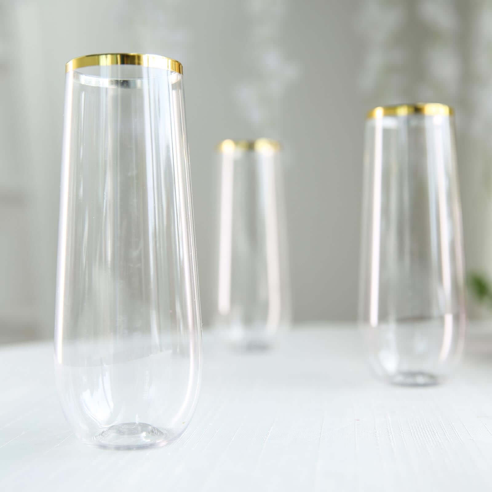 6 Pack Plastic Champagne Glasses in Clear with Gold Rim, Reusable Lightweight Champagne Flutes 9oz