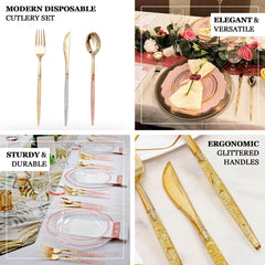24-Pack Plastic Cutlery Set Metallic Gold with Gold Glitter - Stylish Disposable Silverware Pack 8"