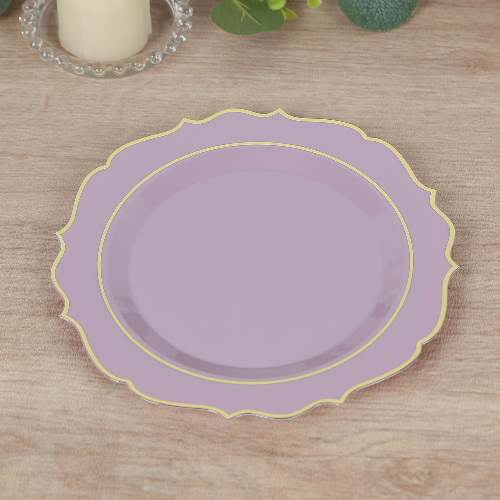 10-Pack Plastic 8" Round Dessert Plates in Lavender Lilac with Gold Scalloped Rim - Disposable Appetizer/Salad Plates