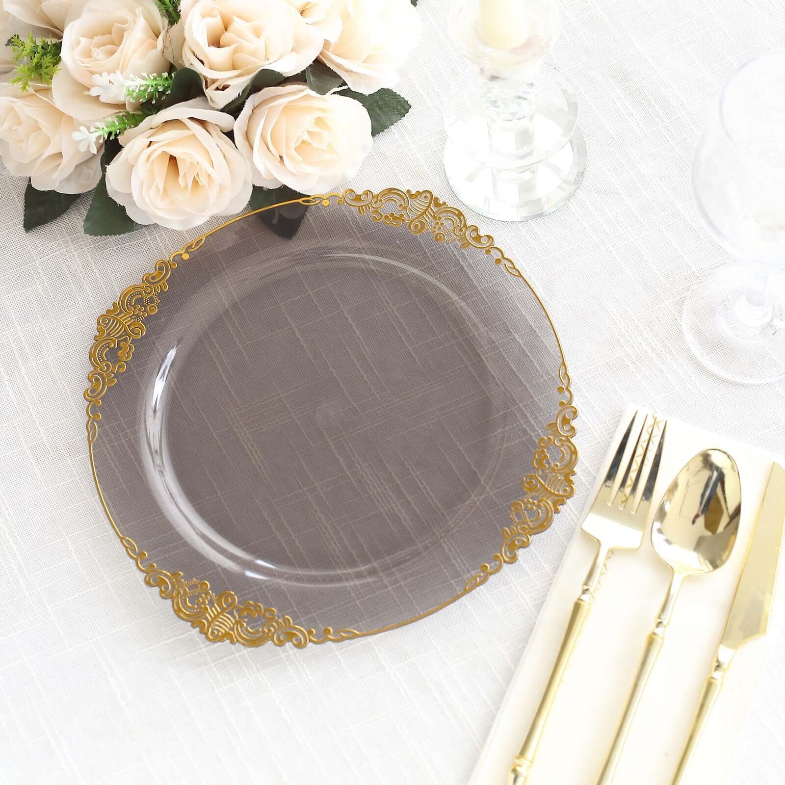 10-Pack Plastic 10" Round Dinner Plates in Transparent Black with Gold Leaf Embossed Rim - Disposable Vintage Baroque Style Plates