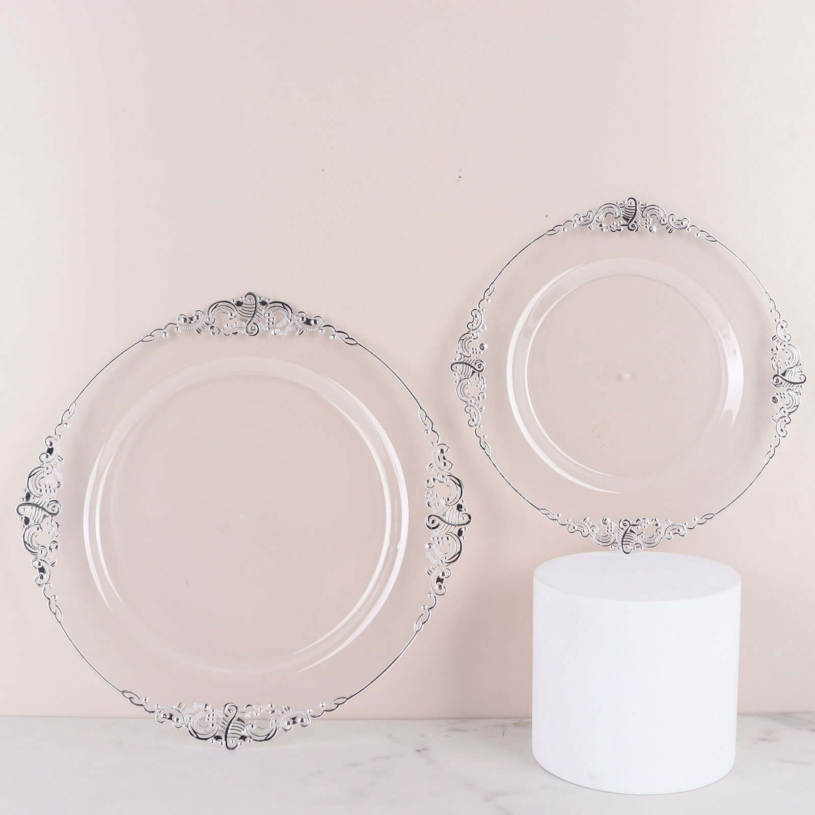 10-Pack Plastic 10" Round Dinner Plates in Clear with Silver Leaf Embossed Rim - Disposable Vintage Baroque Style Plates