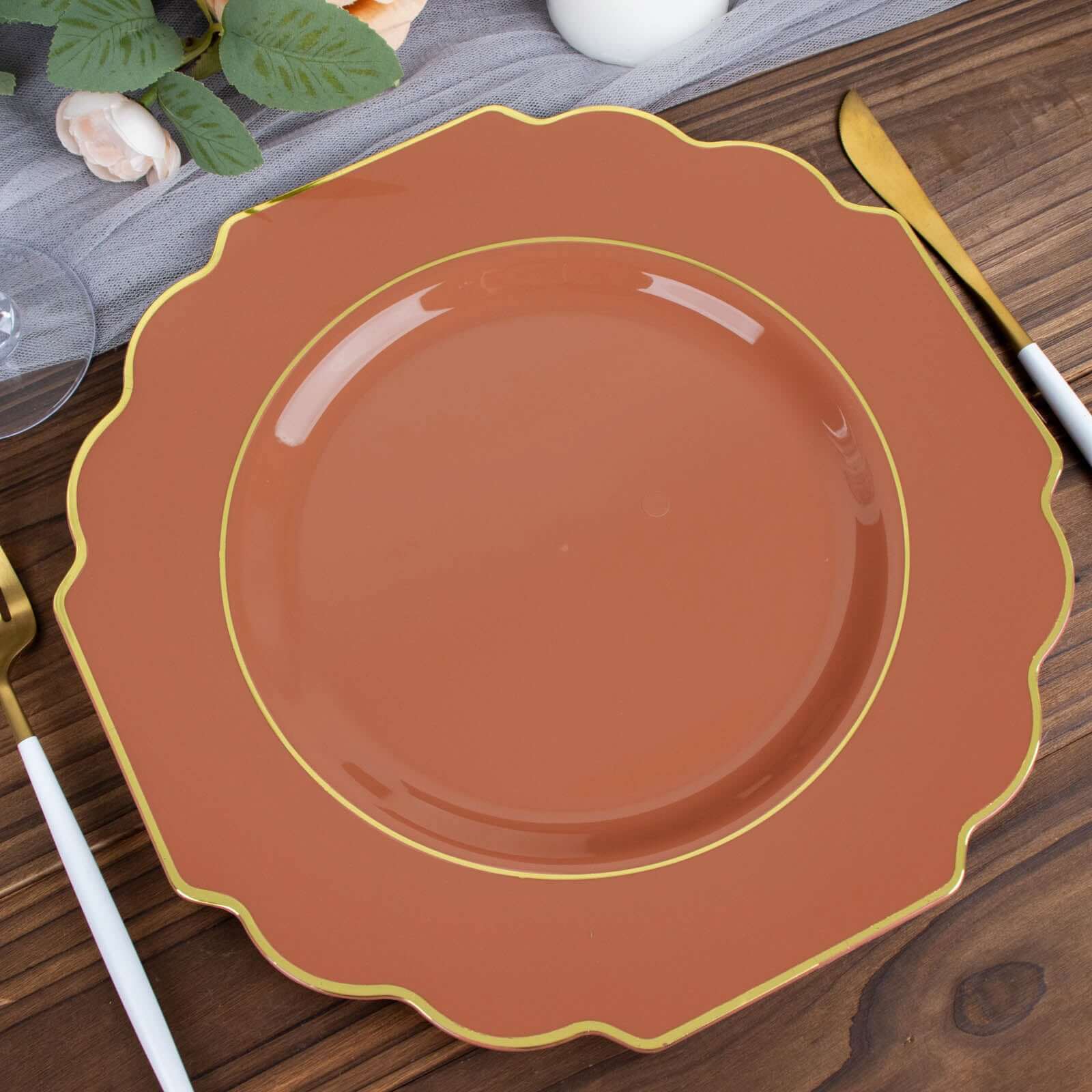10-Pack Plastic Dinner Plates in Terracotta (Rust) Baroque Design with Scalloped Gold Rim - Heavy Duty Disposable Party Plates 11"