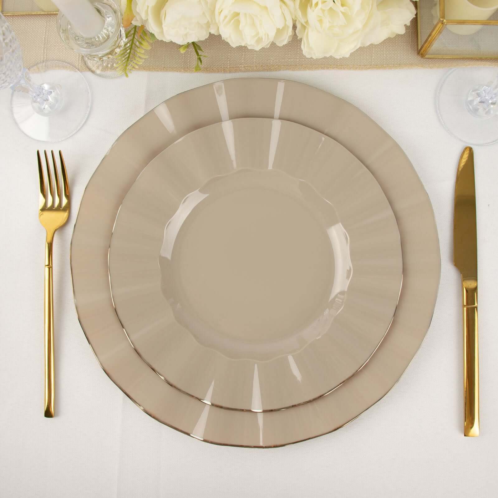 10-Pack Plastic 9" Round Dinner Plates in Taupe Ruffled Rim with Gold Edging - Sturdy Disposable Dinnerware