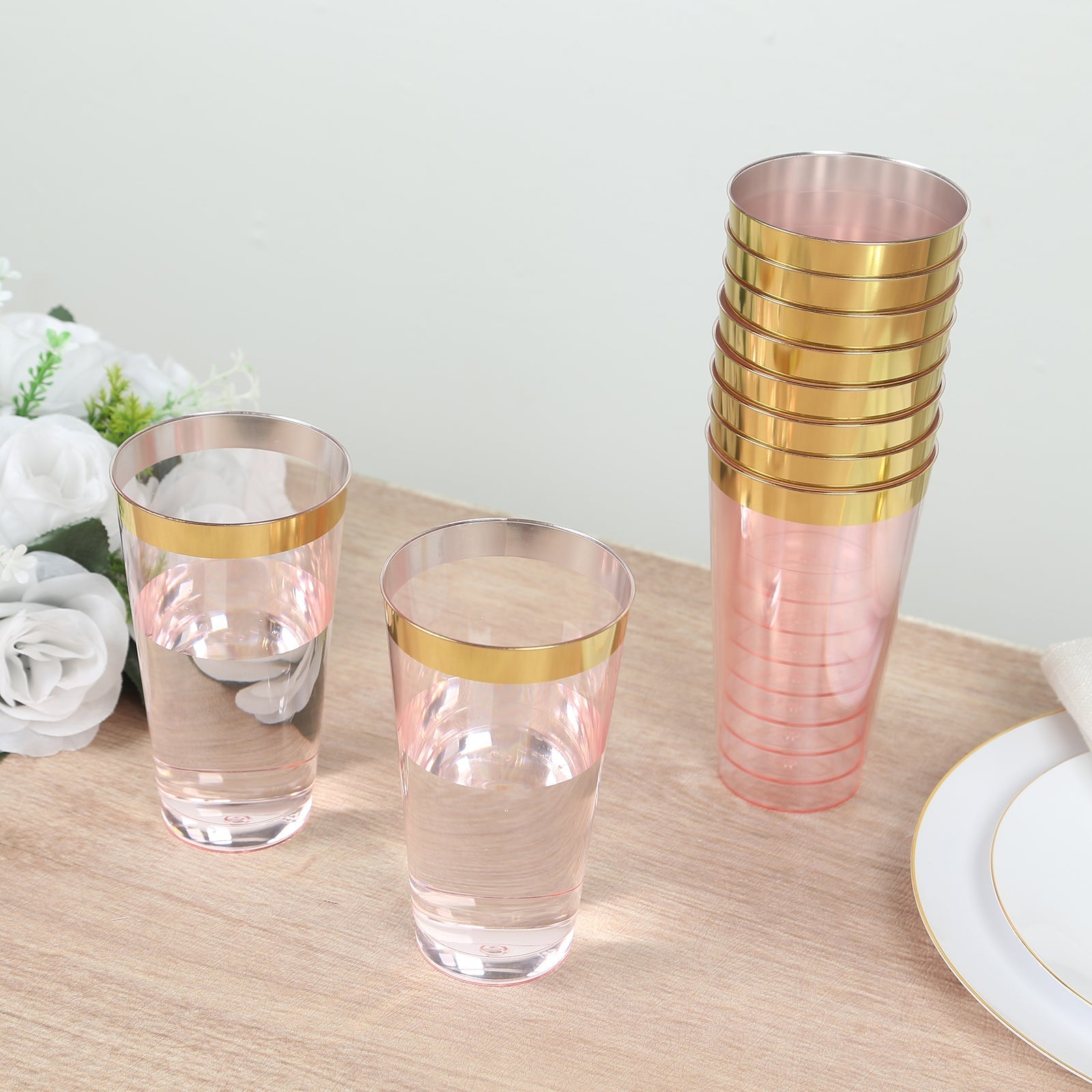 12-Pack Plastic Party Cups Transparent Blush with Gold Rim - Durable Disposable Tumblers for Drinks 17oz 5.5"