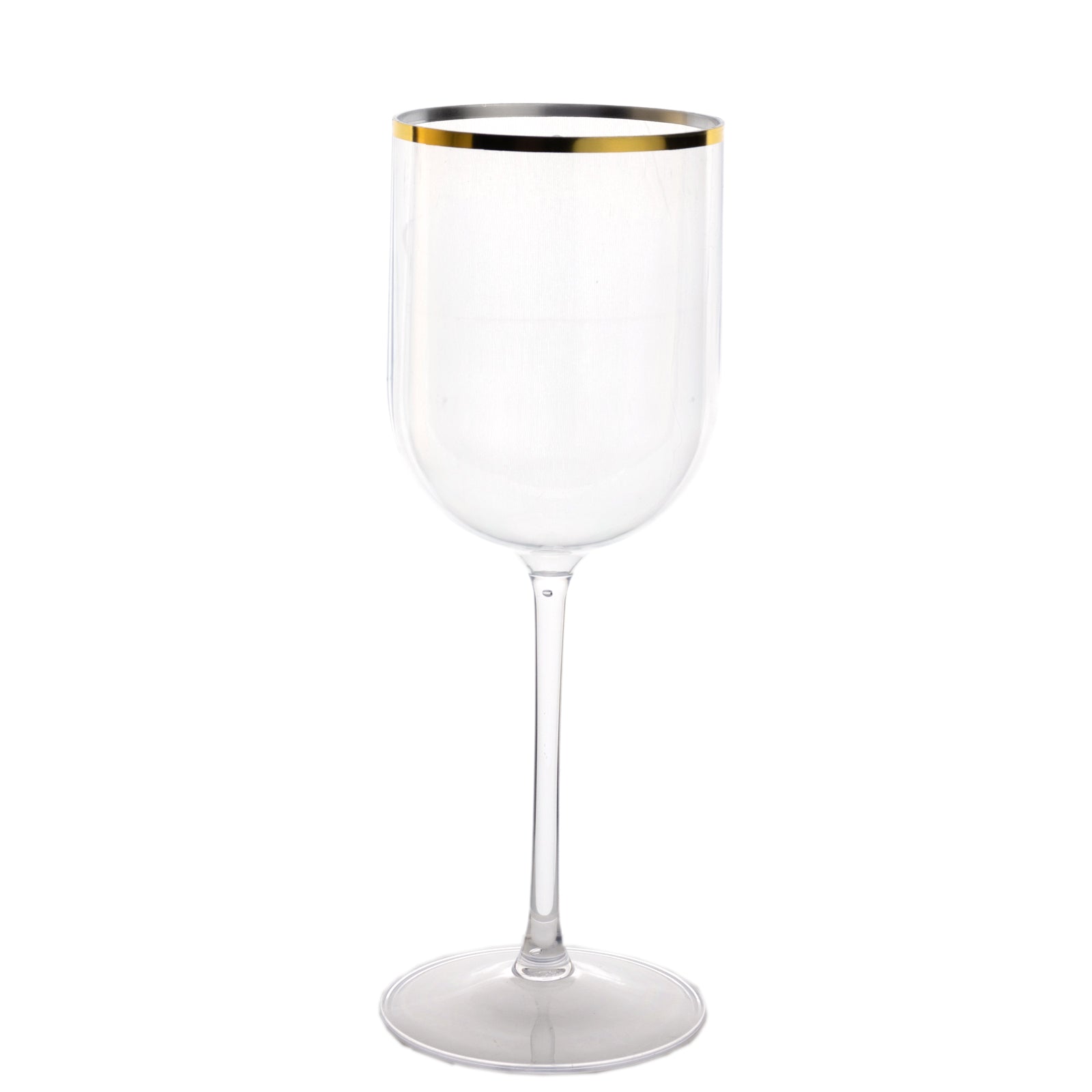 12-Pack 12oz Clear Plastic Wine Goblets with Gold Rim, Premium Disposable Long Stem Glassware - 9"