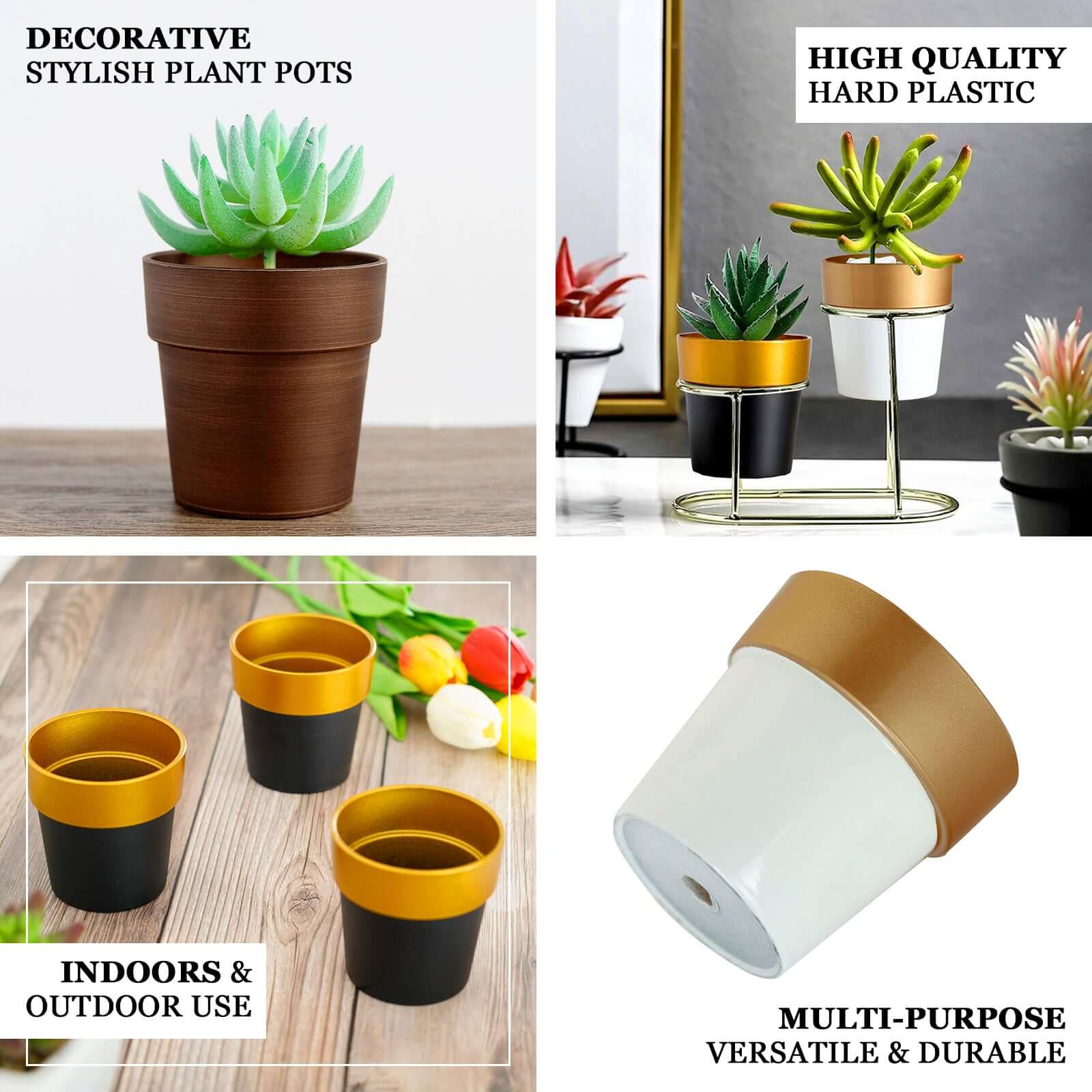 3-Pack Flower Plant Pots Small Design Black with Gold Rim - Plastic Indoor Decorative Planters 3"