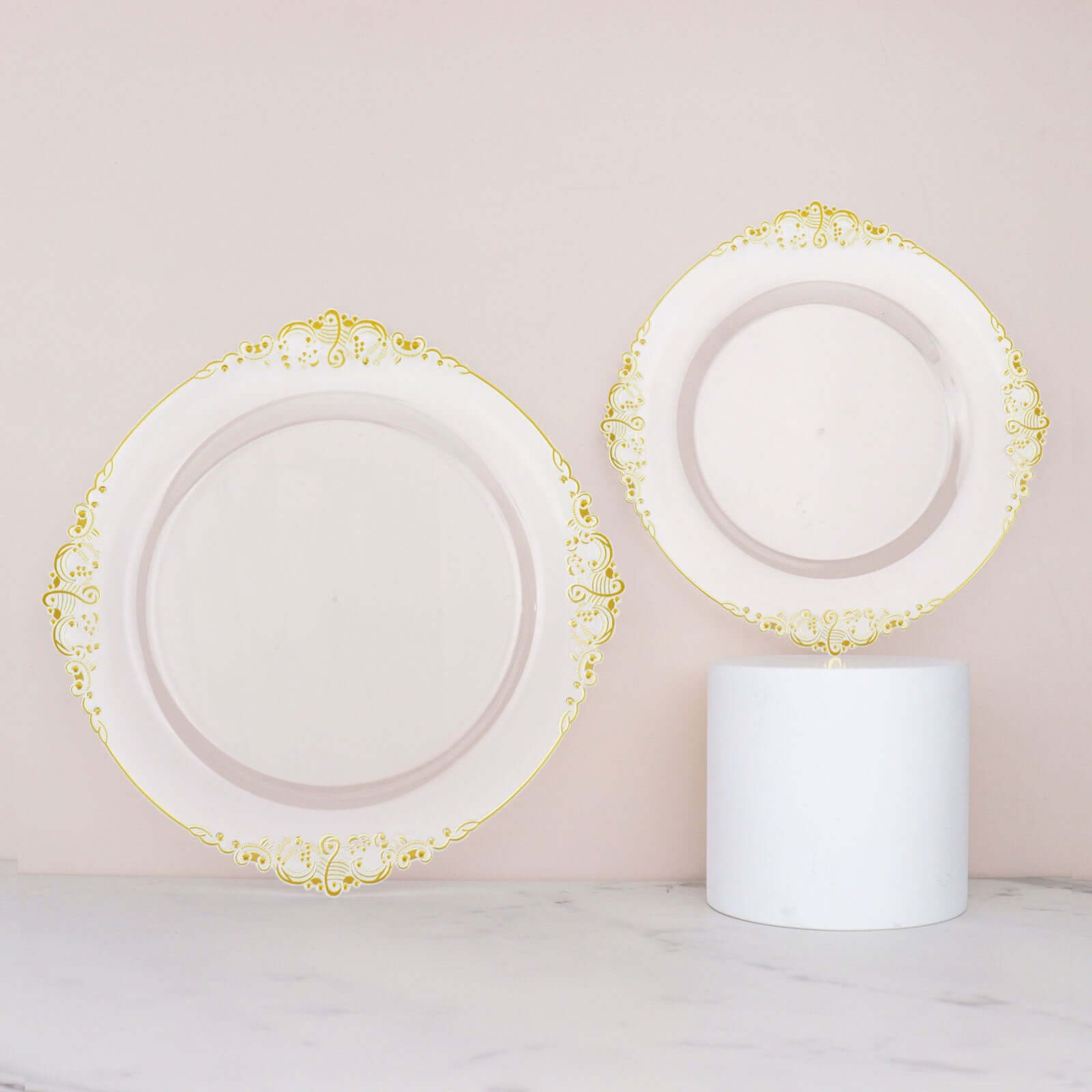 10-Pack Plastic 10" Round Dinner Plates in Clear with Gold Leaf Embossed Rim - Disposable Vintage Baroque Style Plates