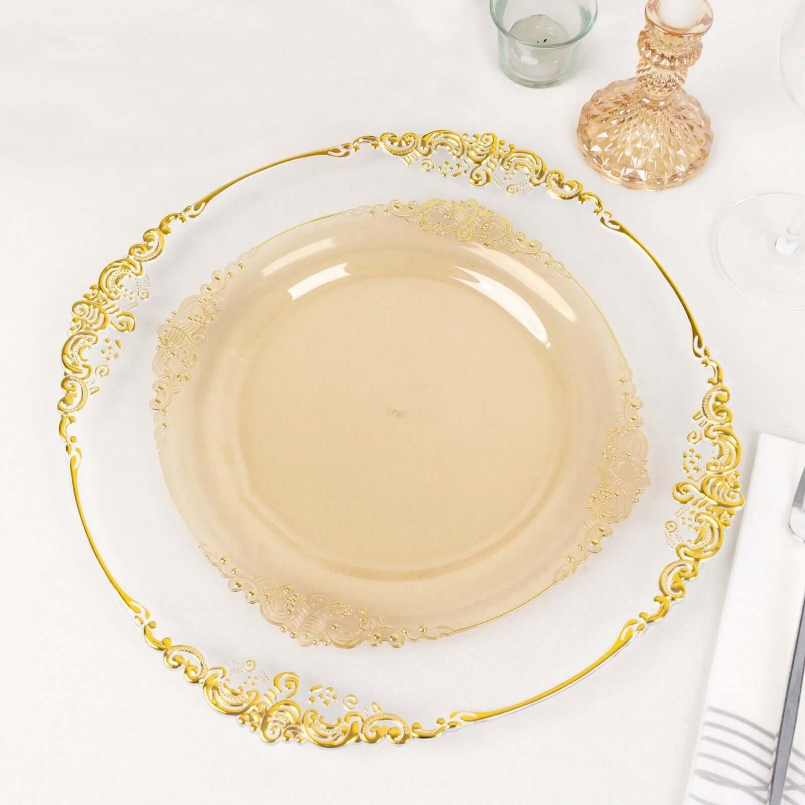 10-Pack Plastic 10" Round Dinner Plates in Transparent Amber Gold with Gold Leaf Embossed Rim - Disposable Vintage Baroque Style Plates