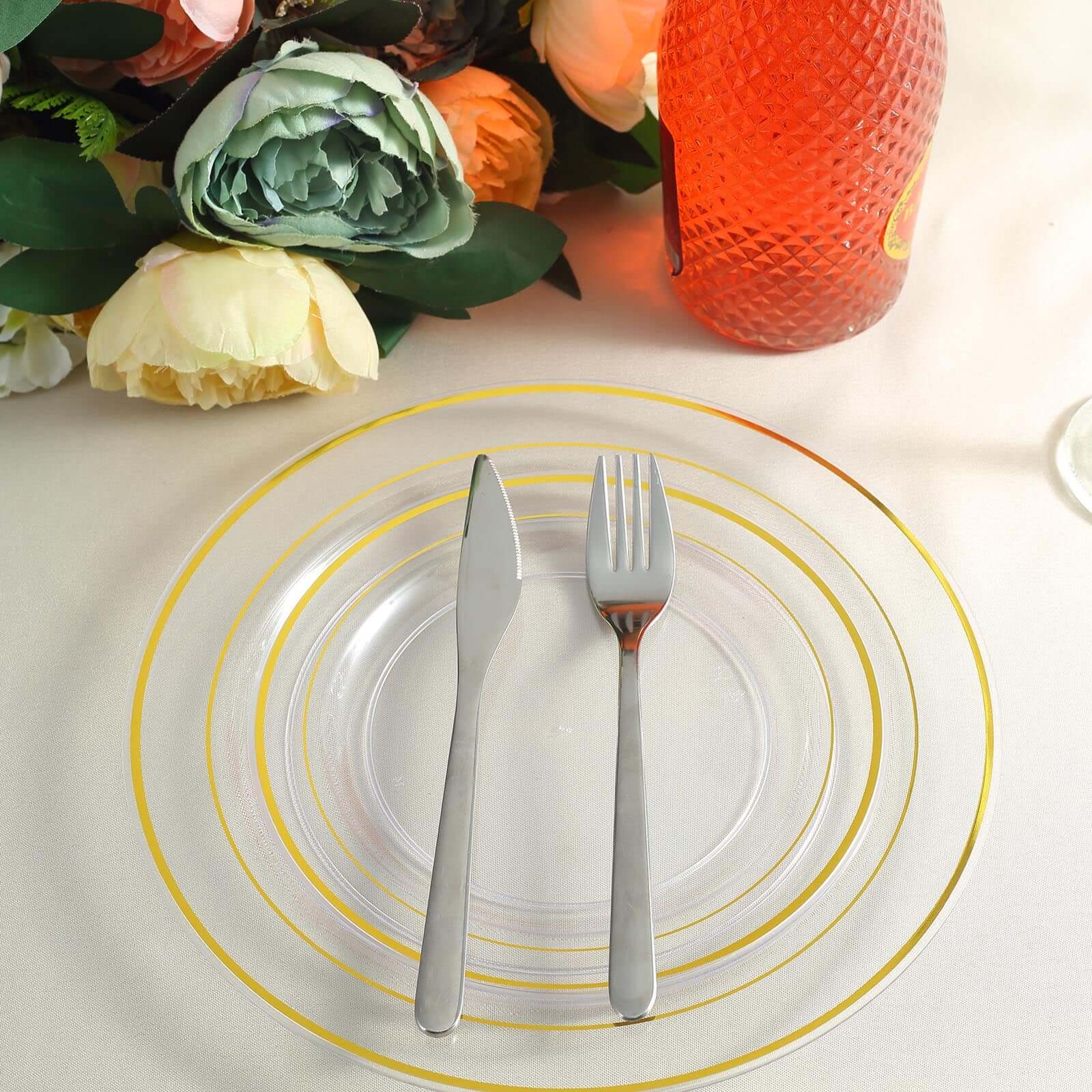 10-Pack Plastic Dinner Plates Clear with Très Chic Gold Rim - Perfect Disposable Party Plates 10"