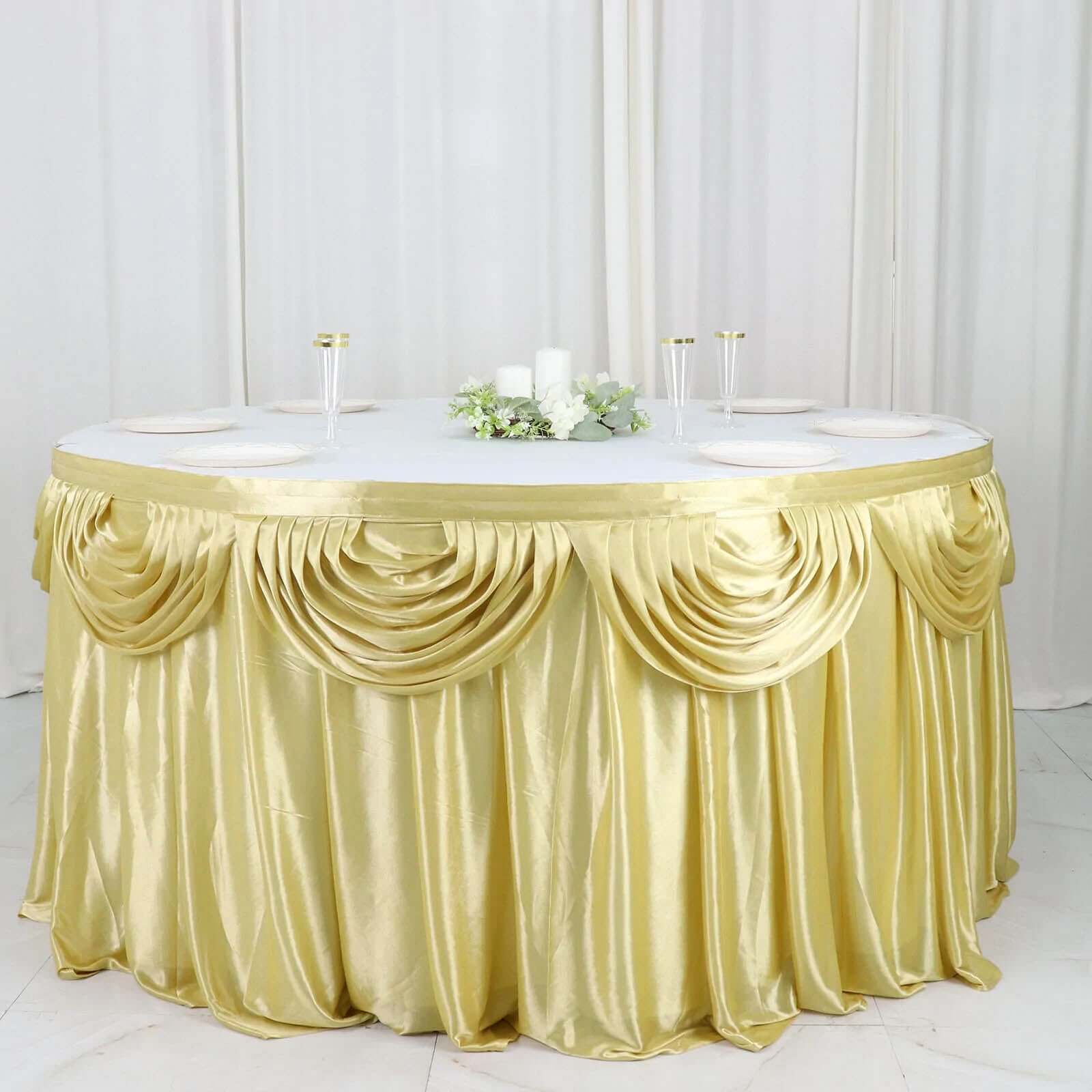 Satin 14ft Table Skirt Champagne - Pleated Double Drape Table Cover