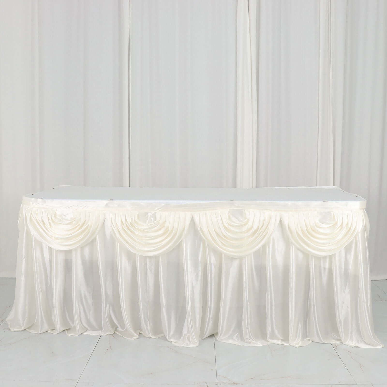 Satin 14ft Table Skirt Ivory - Pleated Double Drape Table Cover