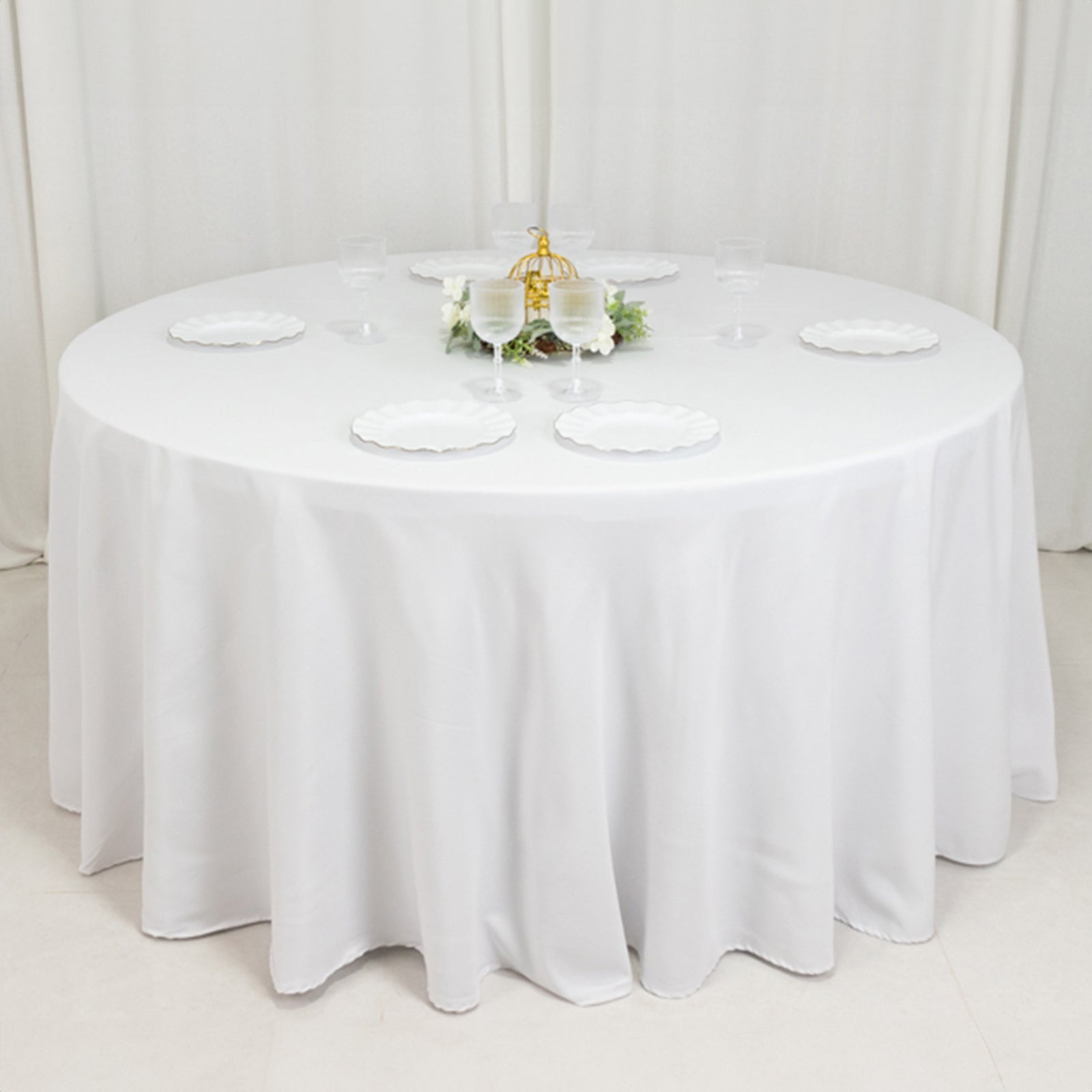 Fire Retardant Premium Polyester 120" Round Tablecloth White - Stylish High-Performance Seamless Table Cover for Large Gatherings