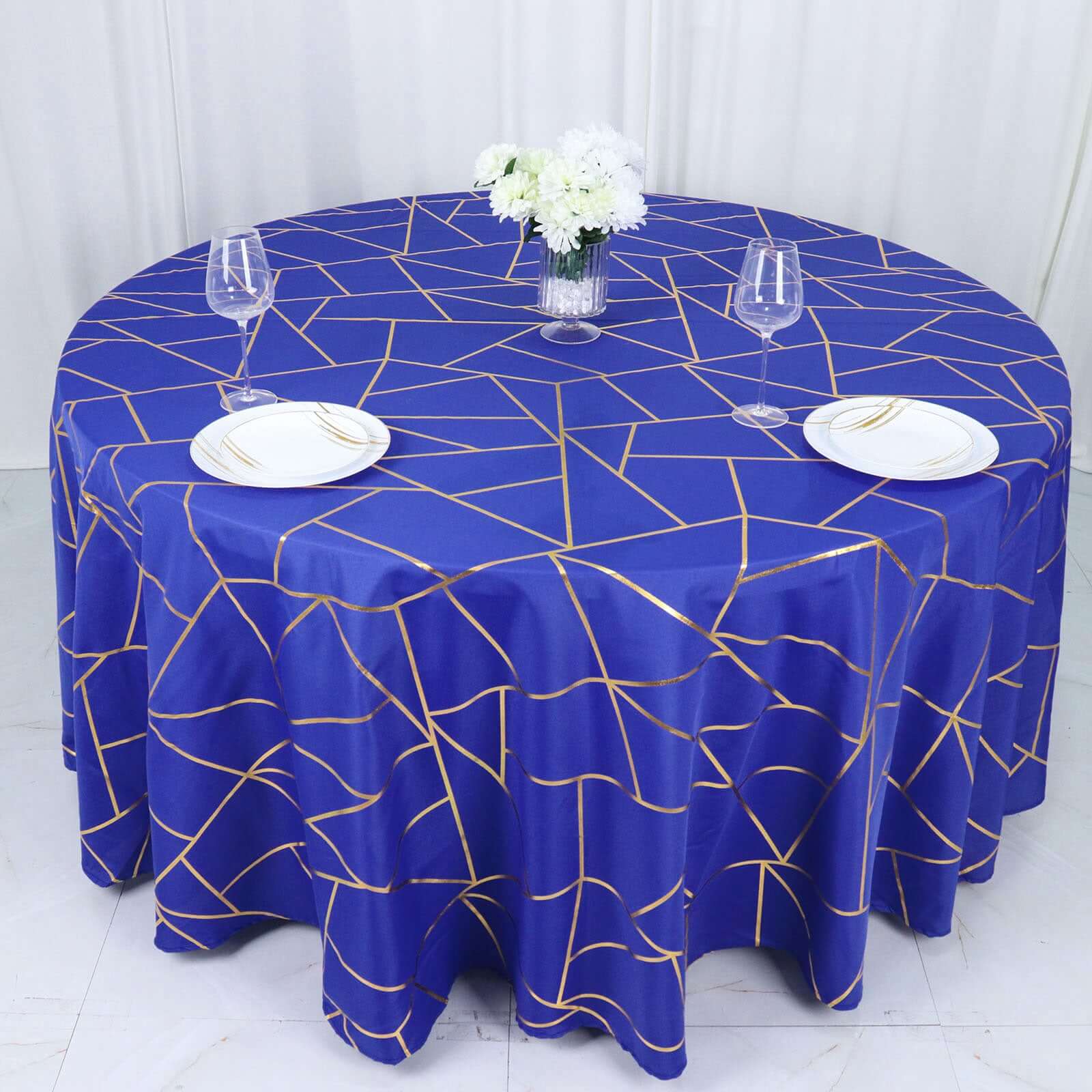 Polyester 120" Round Tablecloth Royal Blue with Gold Foil Geometric Pattern Wrinkle-Resistant Seamless Table Cover
