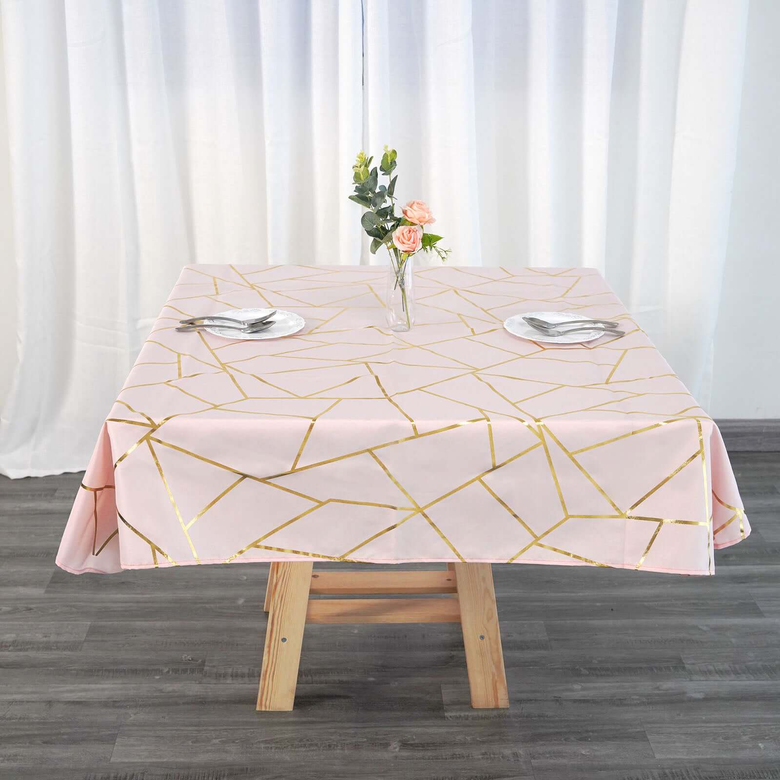 Polyester 54"x54" Square Tablecloth Blush with Gold Foil Geometric Pattern - Wrinkle-Resistant & Durable Table Cover