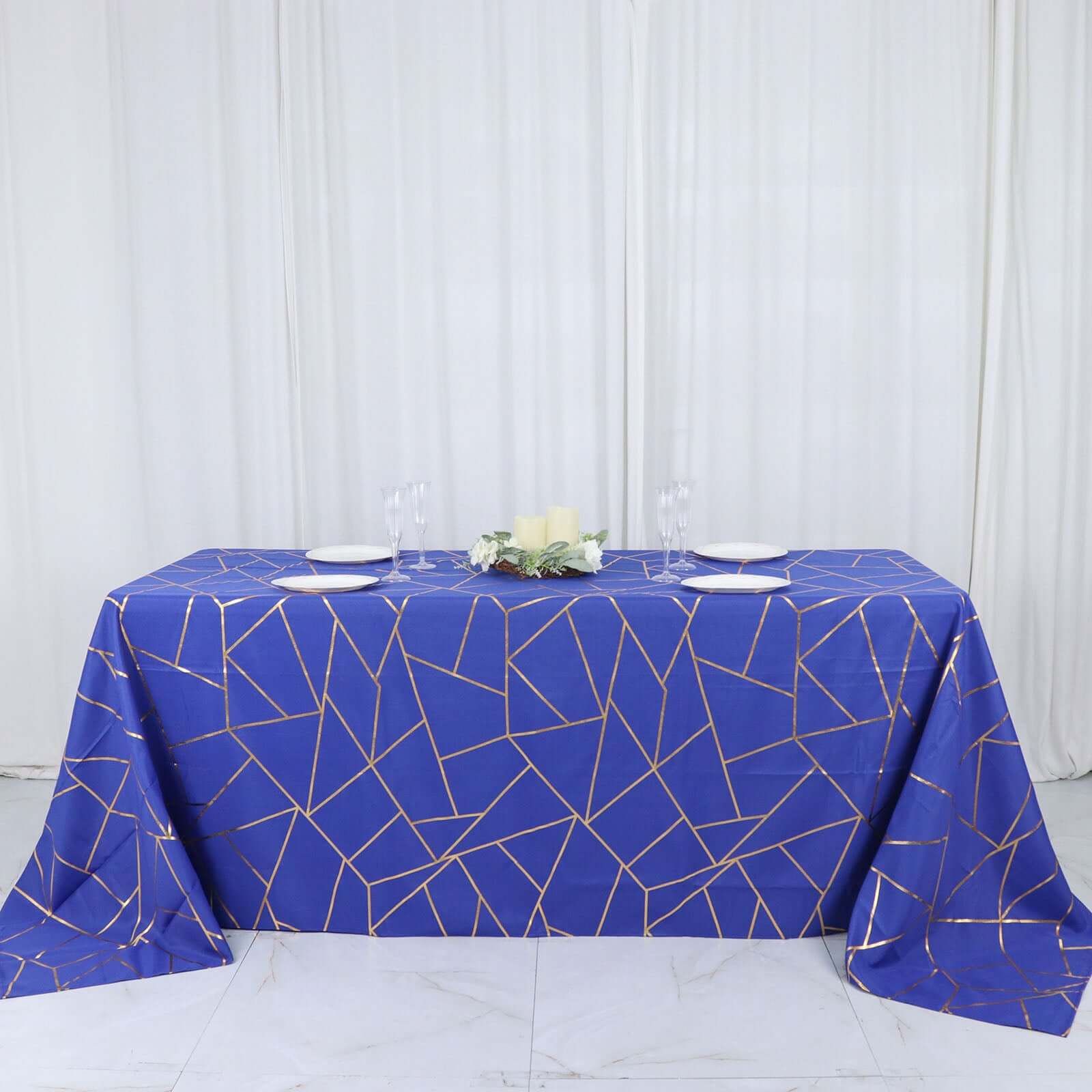 Polyester 90"x132" Rectangle Tablecloth Royal Blue with Gold Foil Geometric Pattern - Wrinkle-Resistant Seamless Table Cover
