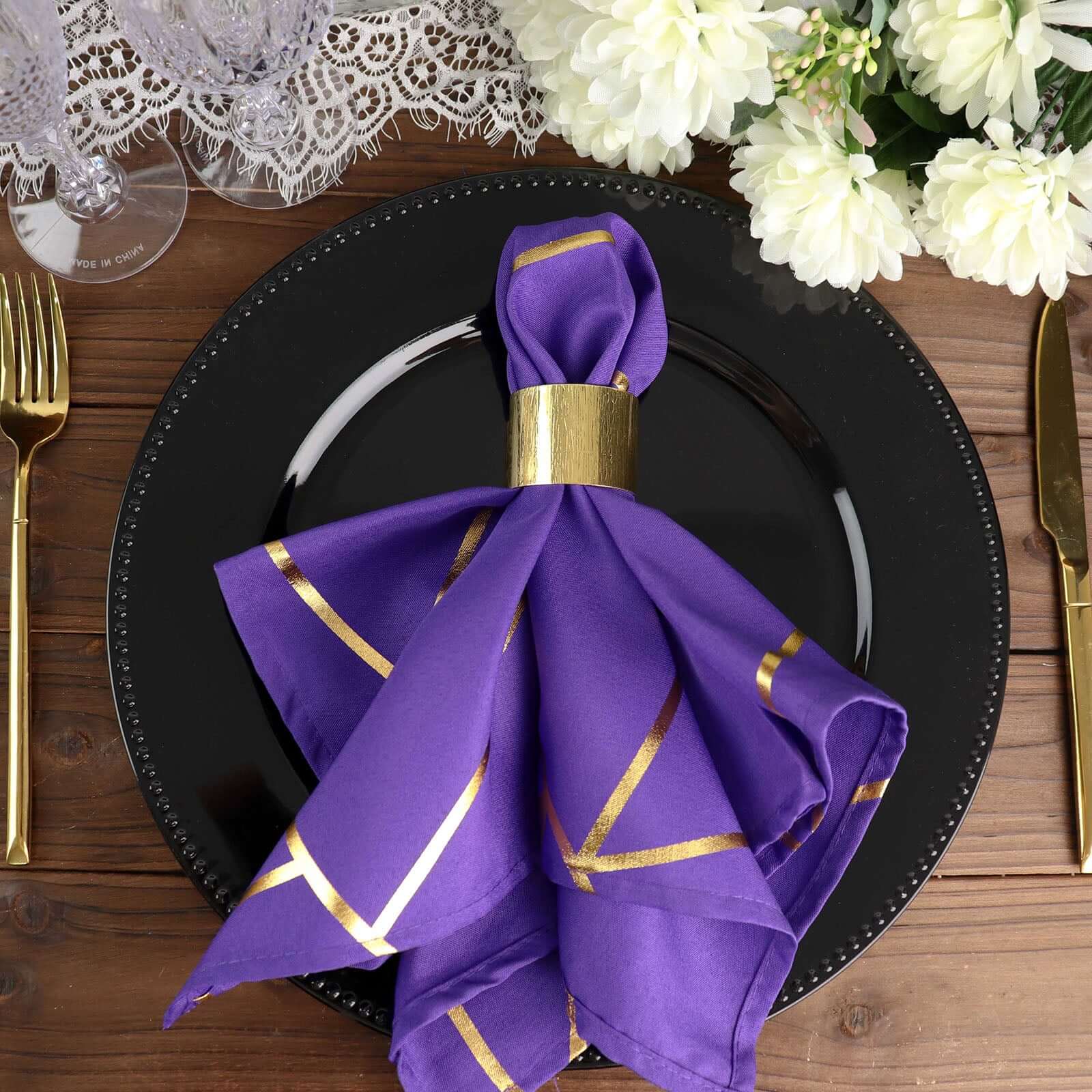 5 Pack Polyester 20"x20" Napkins Purple with Gold Geometric Foil Pattern - Modern Reusable Dinner Napkins