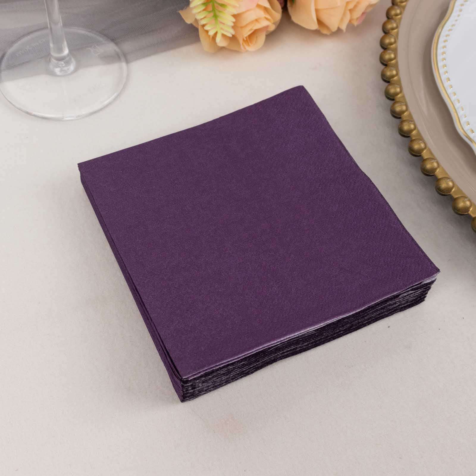 50-Pack Paper Beverage Napkins Purple - 2 Ply Disposable Soft 18GSM Cocktail Napkins 5"x5"