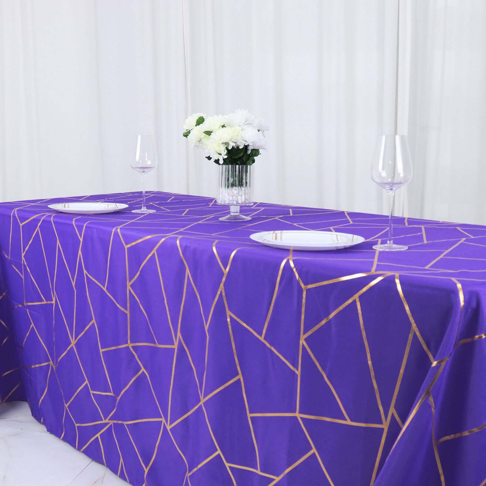 Polyester 90"x132" Rectangle Tablecloth Purple Seamless with Gold Foil Geometric Pattern - Wrinkle-Resistant Seamless Table Cover