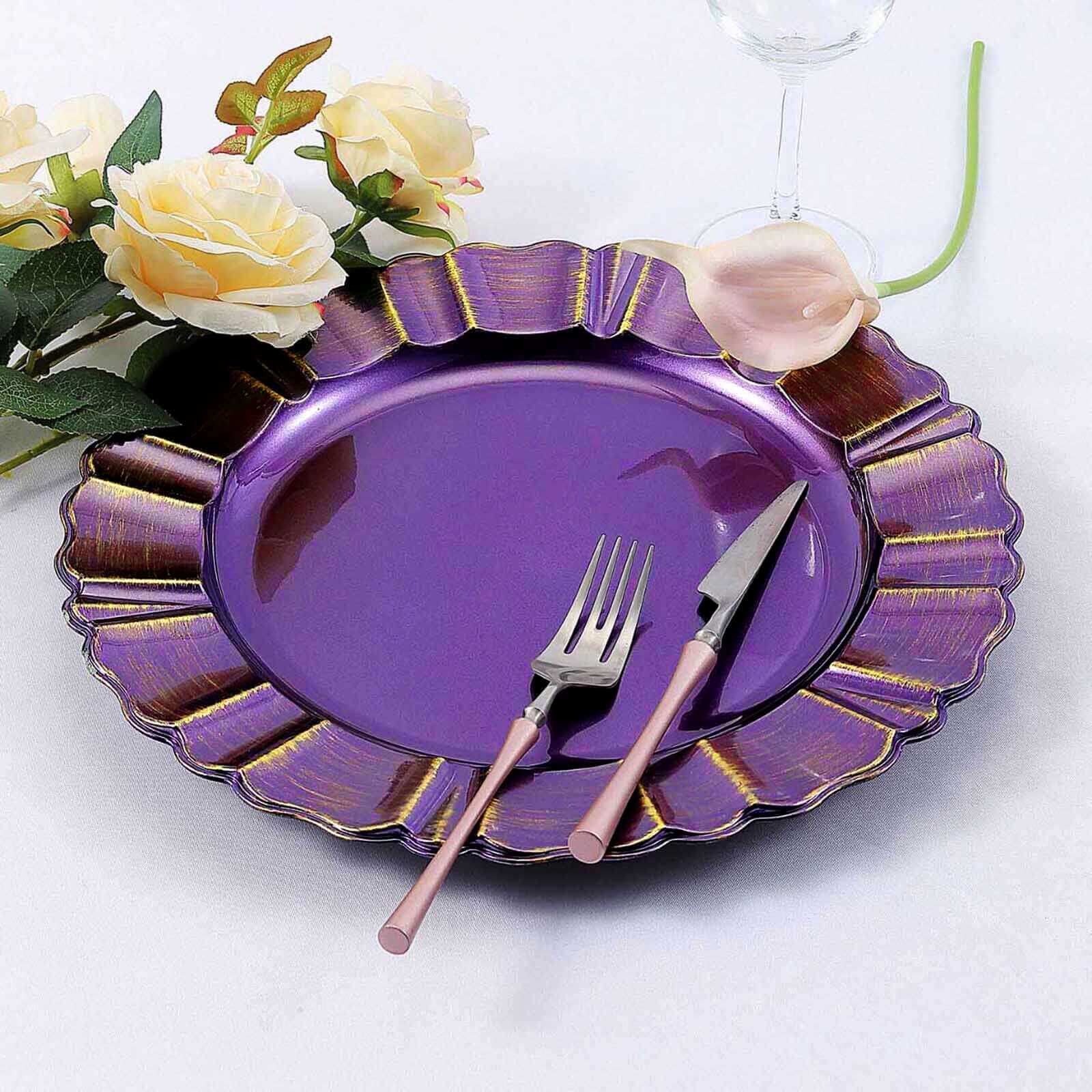 6-Pack Acrylic Plastic Round Charger Plates 13" in Purple with Gold Brushed Wavy Scalloped Rim, Decorative Dinner Party Charger Tableware