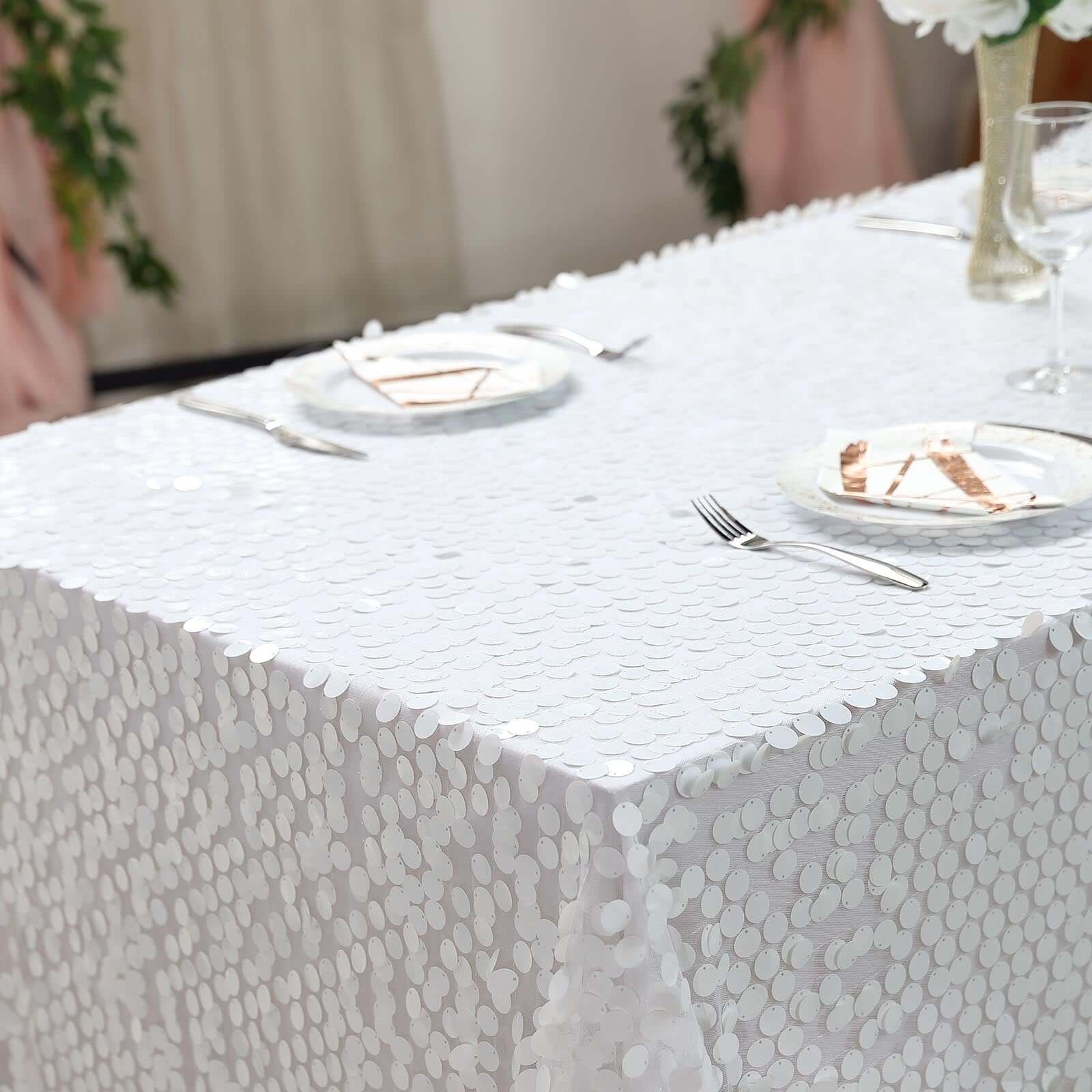 Sequin 90"x132" Rectangle Tablecloth White - Seamless Big Payette Design for Sophisticated Occasions