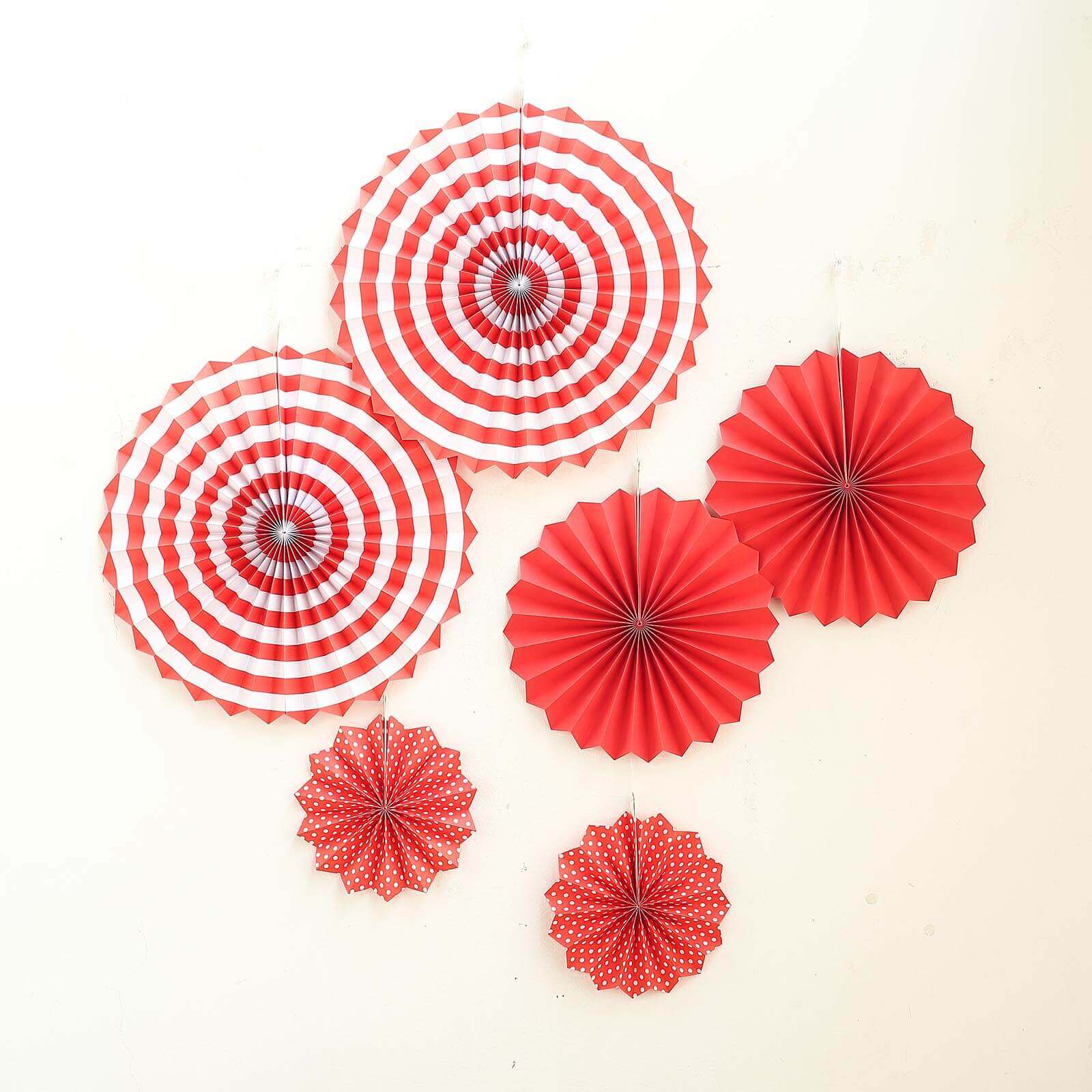 Set of 6 Red Hanging Paper Fan Decorations, Pinwheel Wall Backdrop Party Kit - 8", 12", 16"