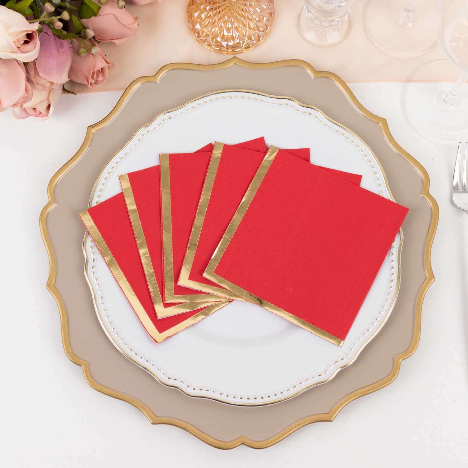50-Pack Paper Beverage Napkins Red with Gold Foil Edge - 2 Ply Disposable Soft 18GSM Cocktail Napkins 5"x5"