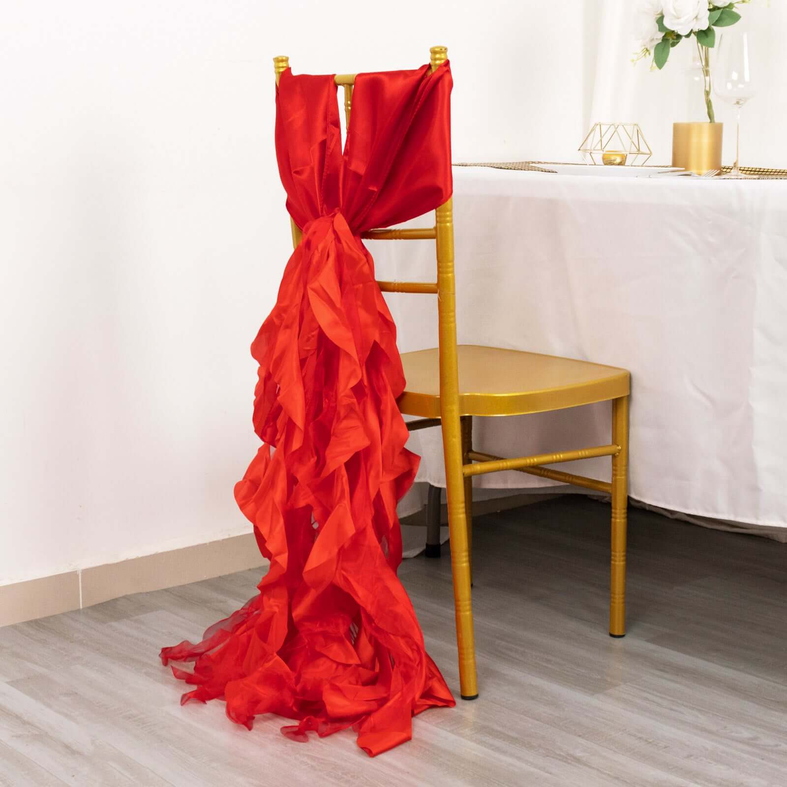 5 Pack Chiffon Satin Chair Sashes Red - Easy to Install Ruffled Curly Willow