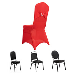 Spandex Chair Cover with Silver Rhinestone Buckled Sash Band Red - Stretch Fitted Slipcover