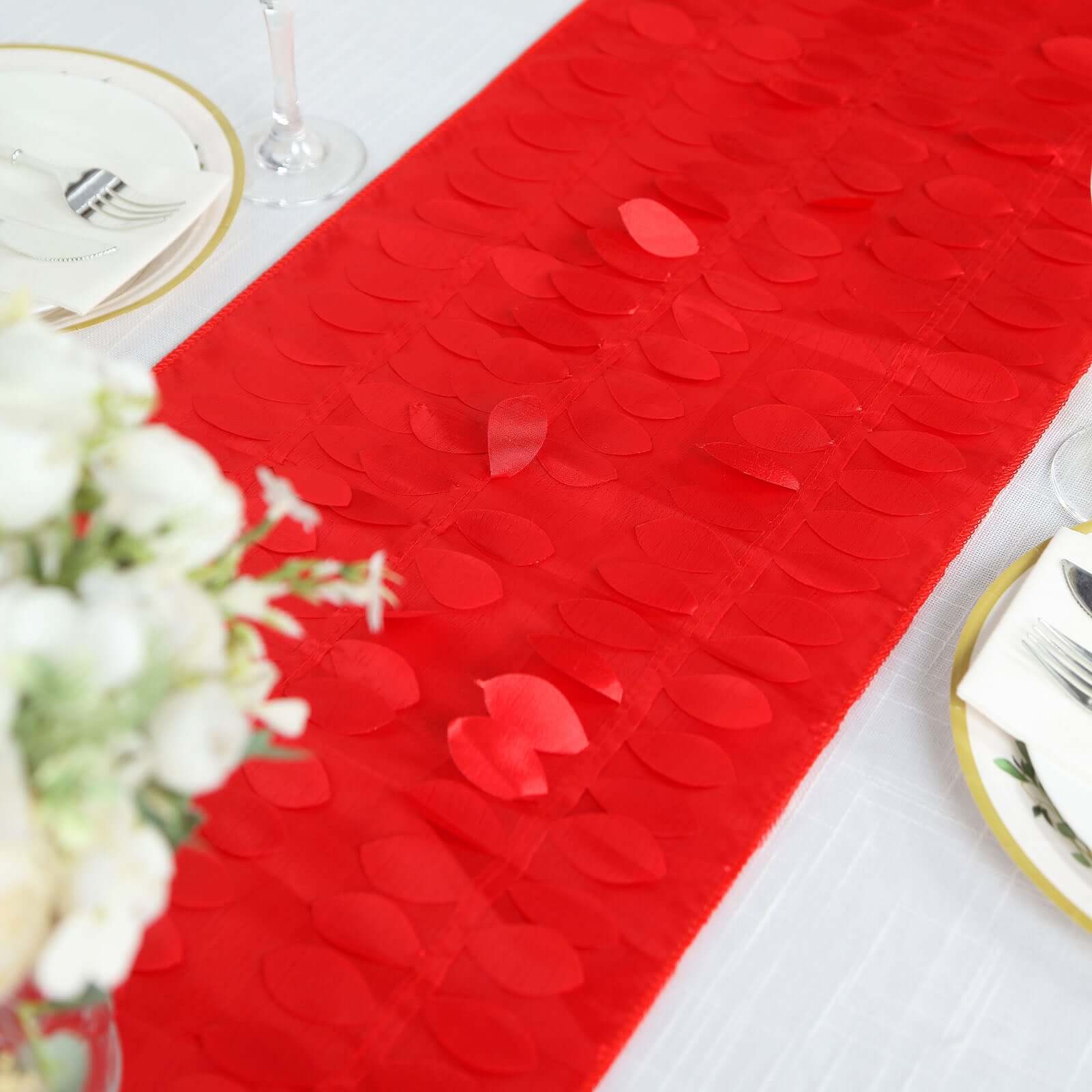 Taffeta Fabric 12"x108" Table Runner Red - 3D Leaf Petal Design