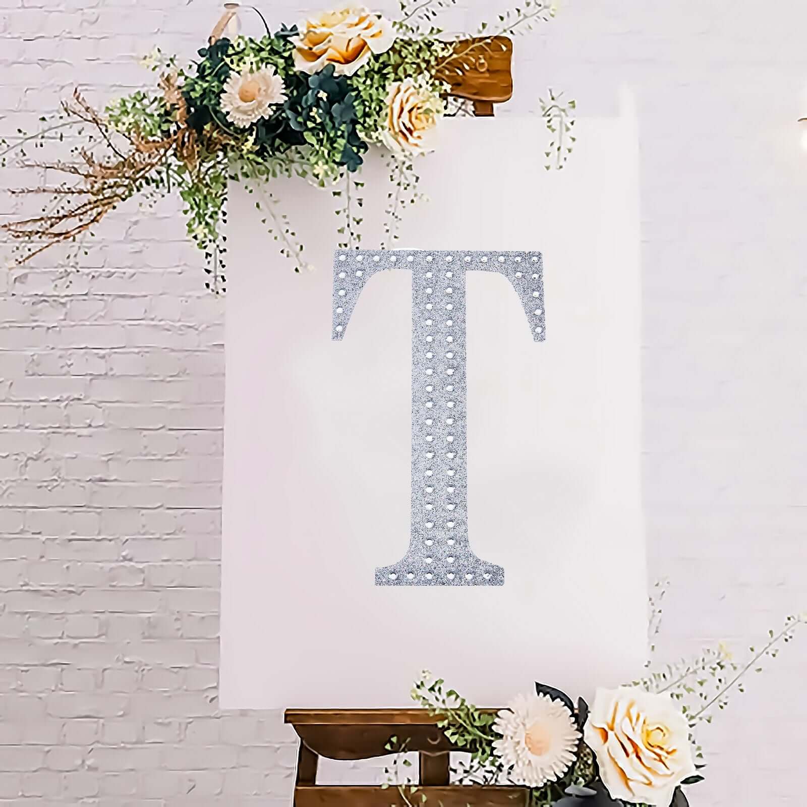 Decorative Rhinestone Alphabet "T" Letter Stickers, Glitter Adhesive Craft Letters Silver DIY Sparkle Embellishments 8"