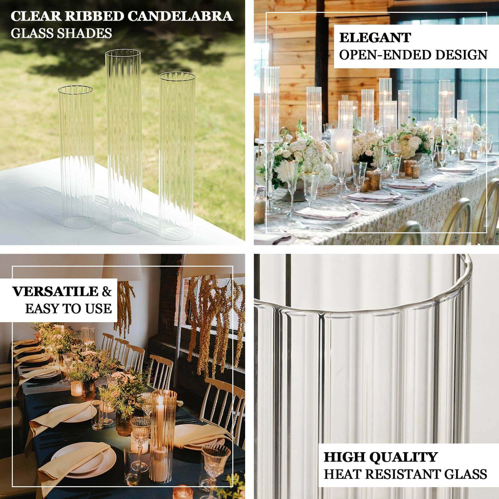 2-Pack Clear Ribbed Glass Hurricane Shades Open End Design - Stylish Candelabra Pillar Candle Holder Table Centerpiece 10"