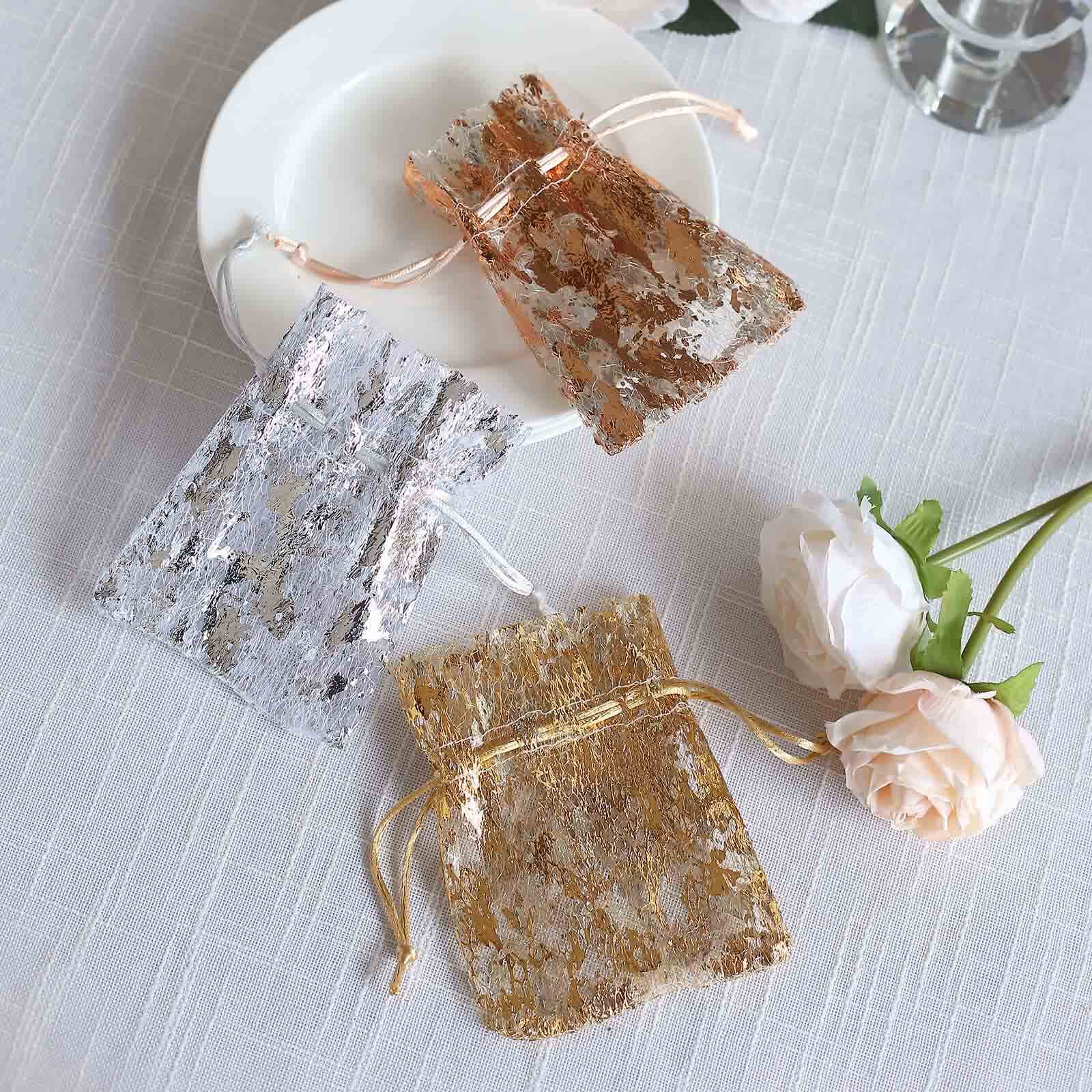 12 Pack Metallic Rose Gold Foil Polyester Drawstring Candy Bags, Wedding Party Favor Bags - 4"x5"