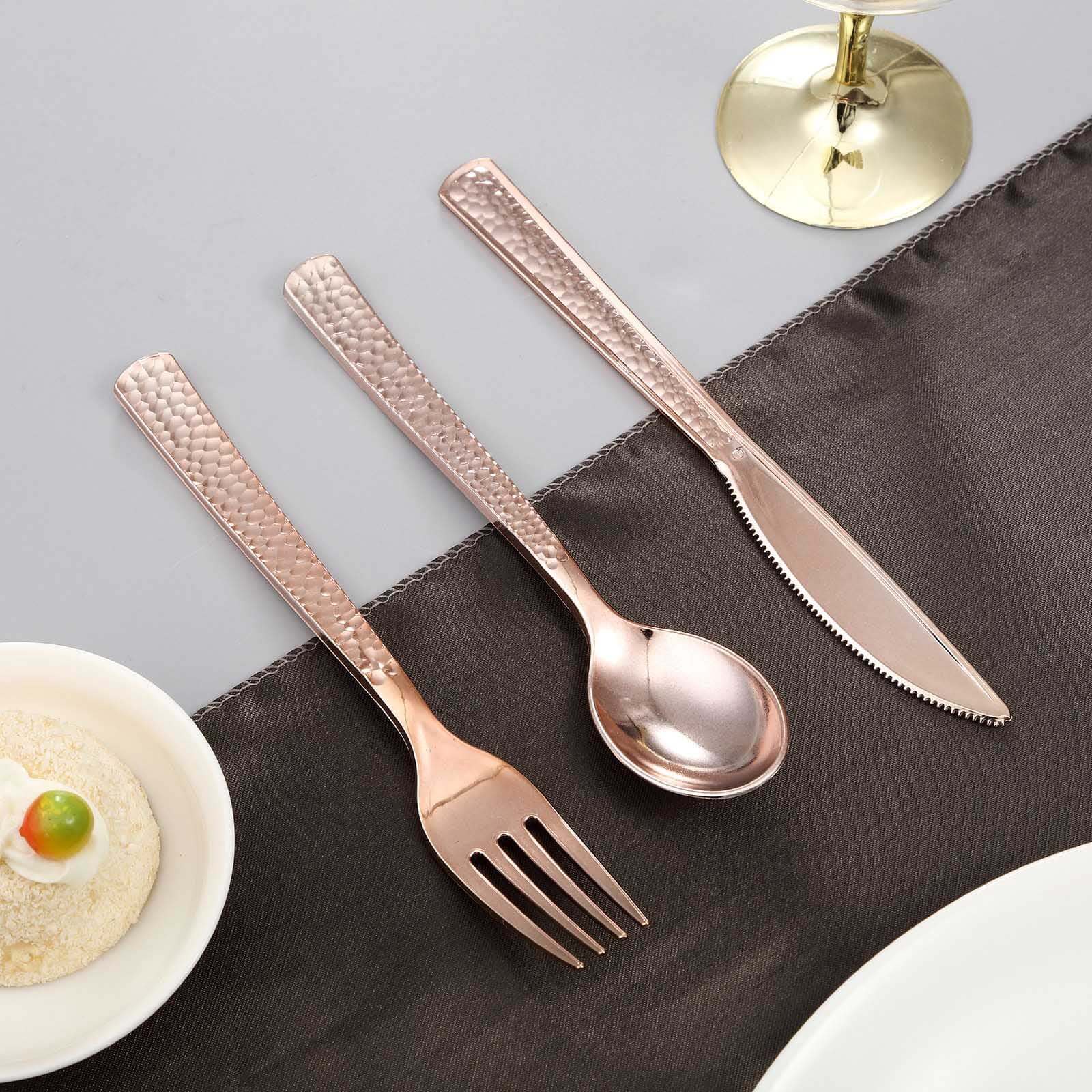 24-Pack Plastic Forks with Hammered Style Rose Gold - Heavy Duty Disposable Silverware 7"