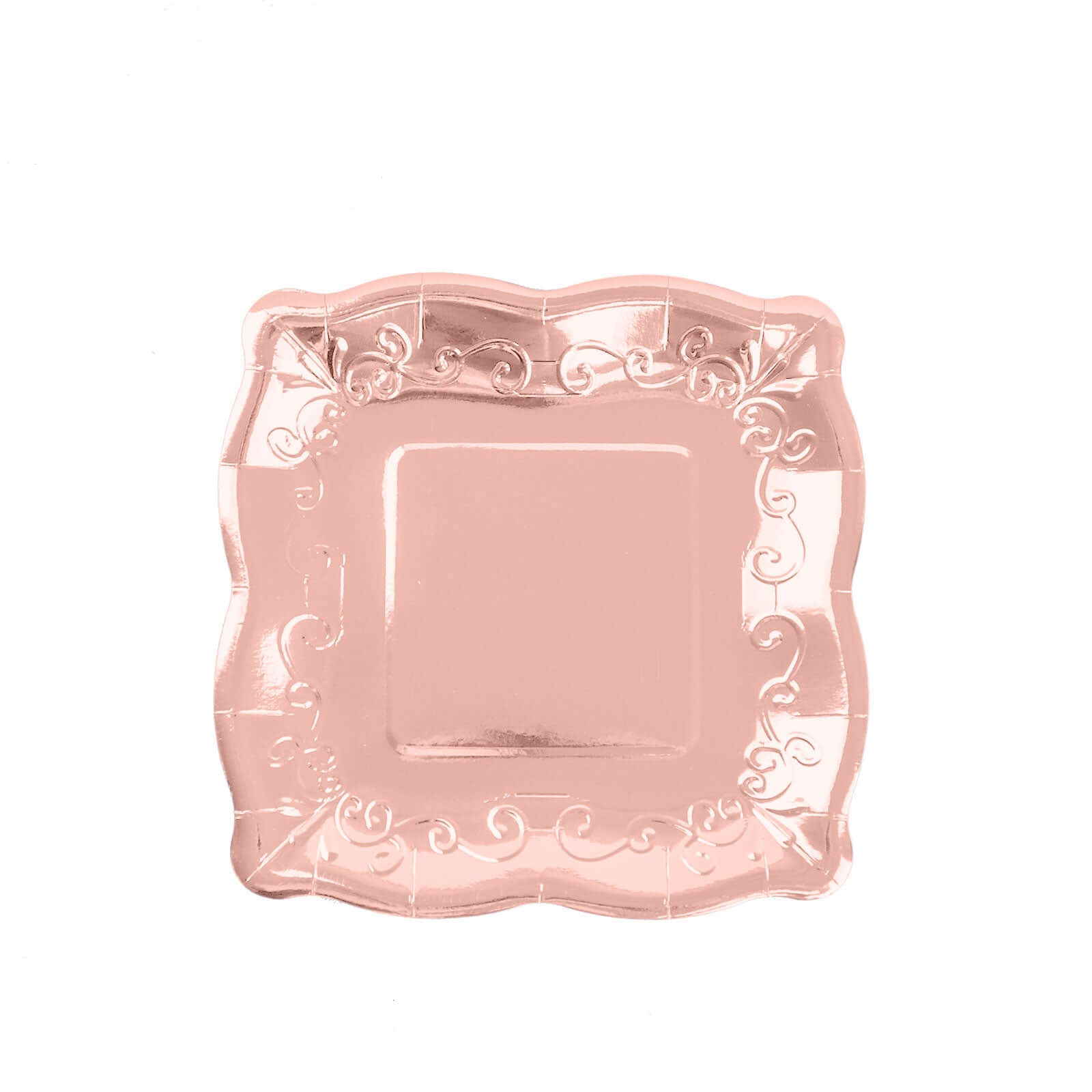 25-Pack Paper 7" Square Dessert Plates in Rose Gold with Vintage Pottery Embossed Design - Shiny Metallic Disposable Appetizer Plates