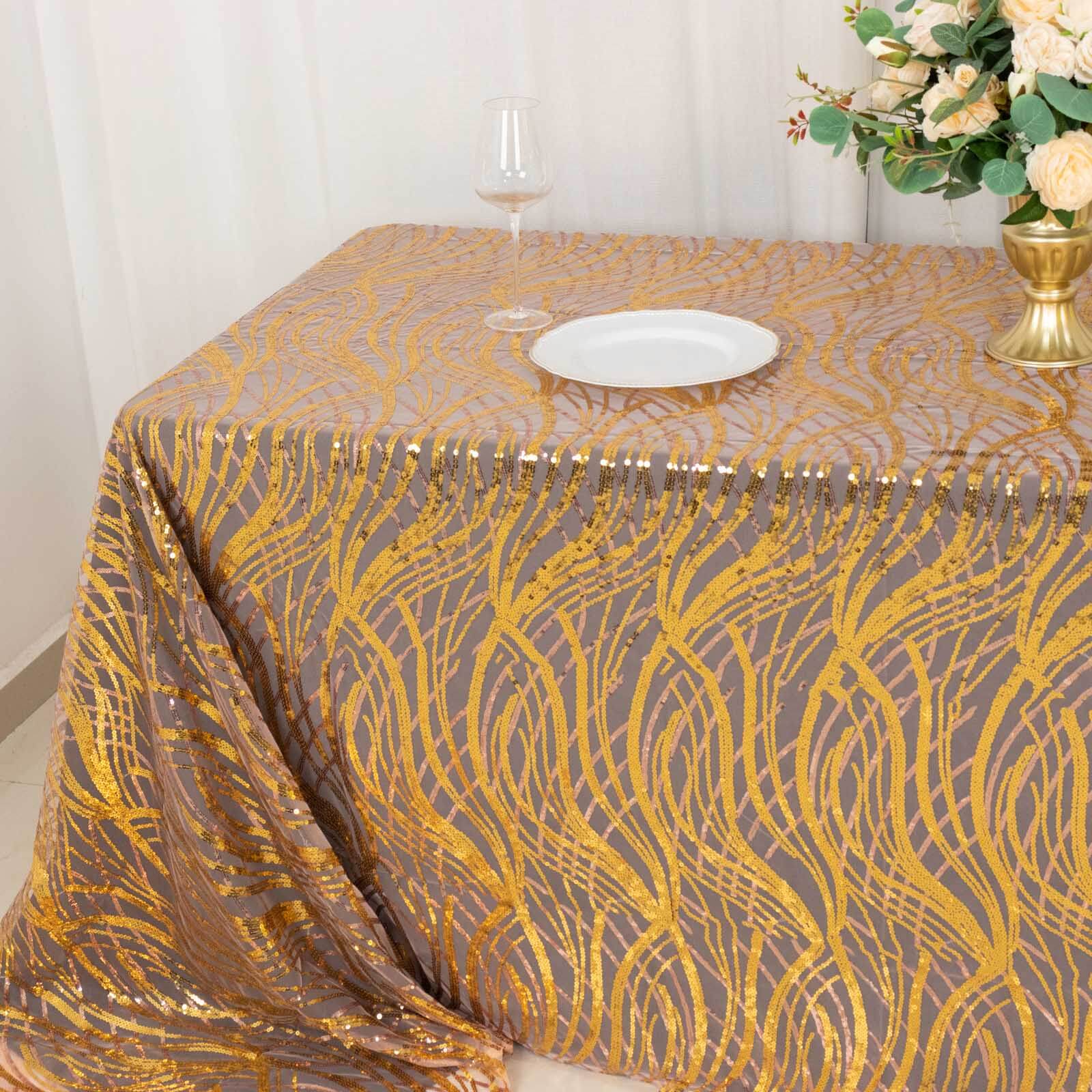Mesh 90"x156" Rectangle Tablecloth Rose Gold/Gold - Wave Sequin Embroidered Table Cover