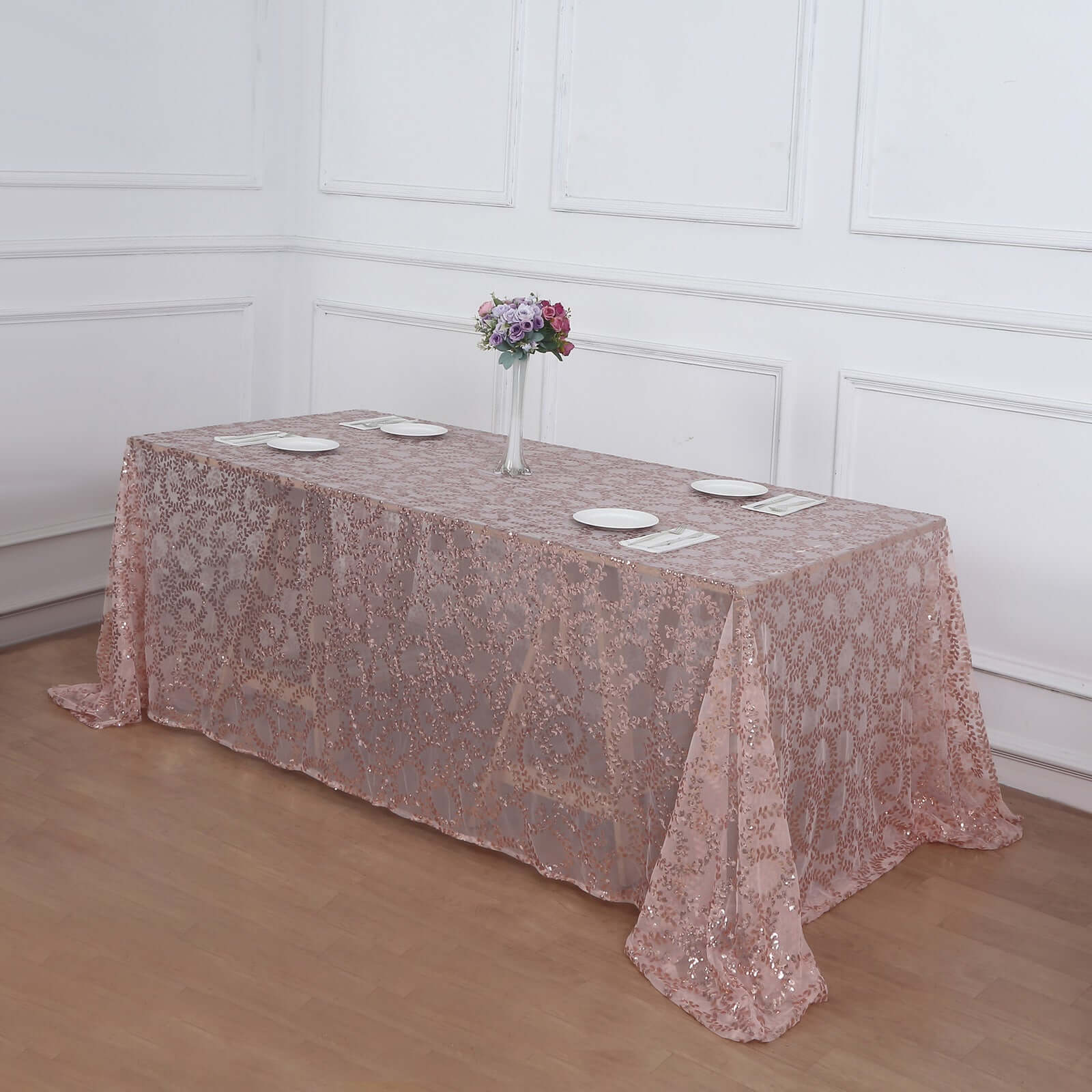 Tulle 90"x156" Rectangle Tablecloth Rose Gold - Sequin Leaf Embroidered Table Cover