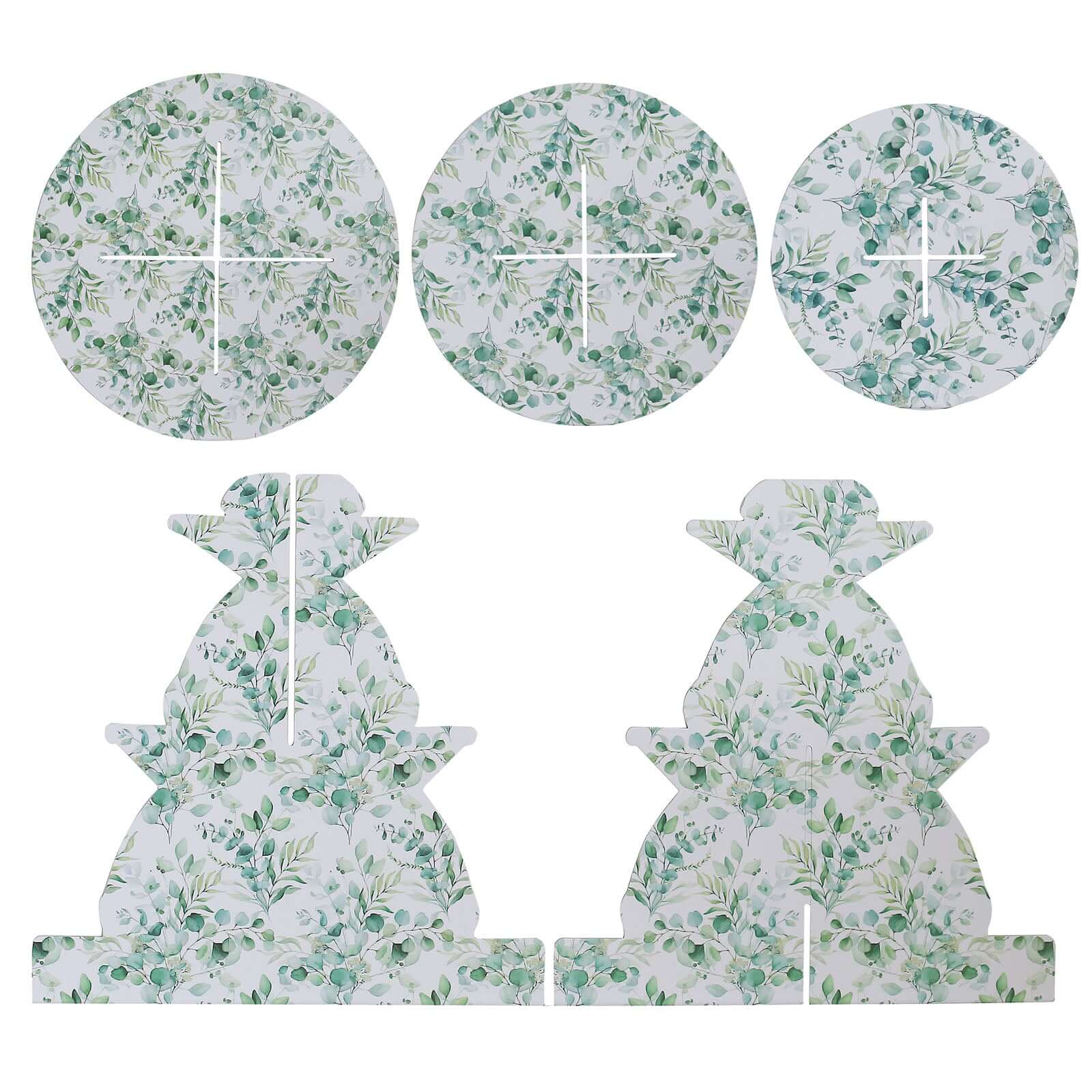 3-Tier Cardboard Cupcake Stand White with Green Eucalyptus Leaves Pattern - Reusable Dessert Display Stand Round Serving Platter for High-Tea Gatherings Weddings & Spring Celebrations 11"