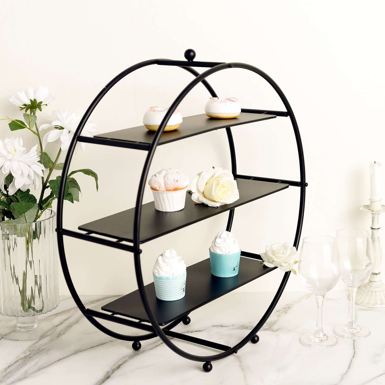 3-Tier Metal Round Cupcake Stand Matte Black - Stylish Dessert Holder Appetizer Display for Modern Weddings Dessert Buffets & Celebrations 21"