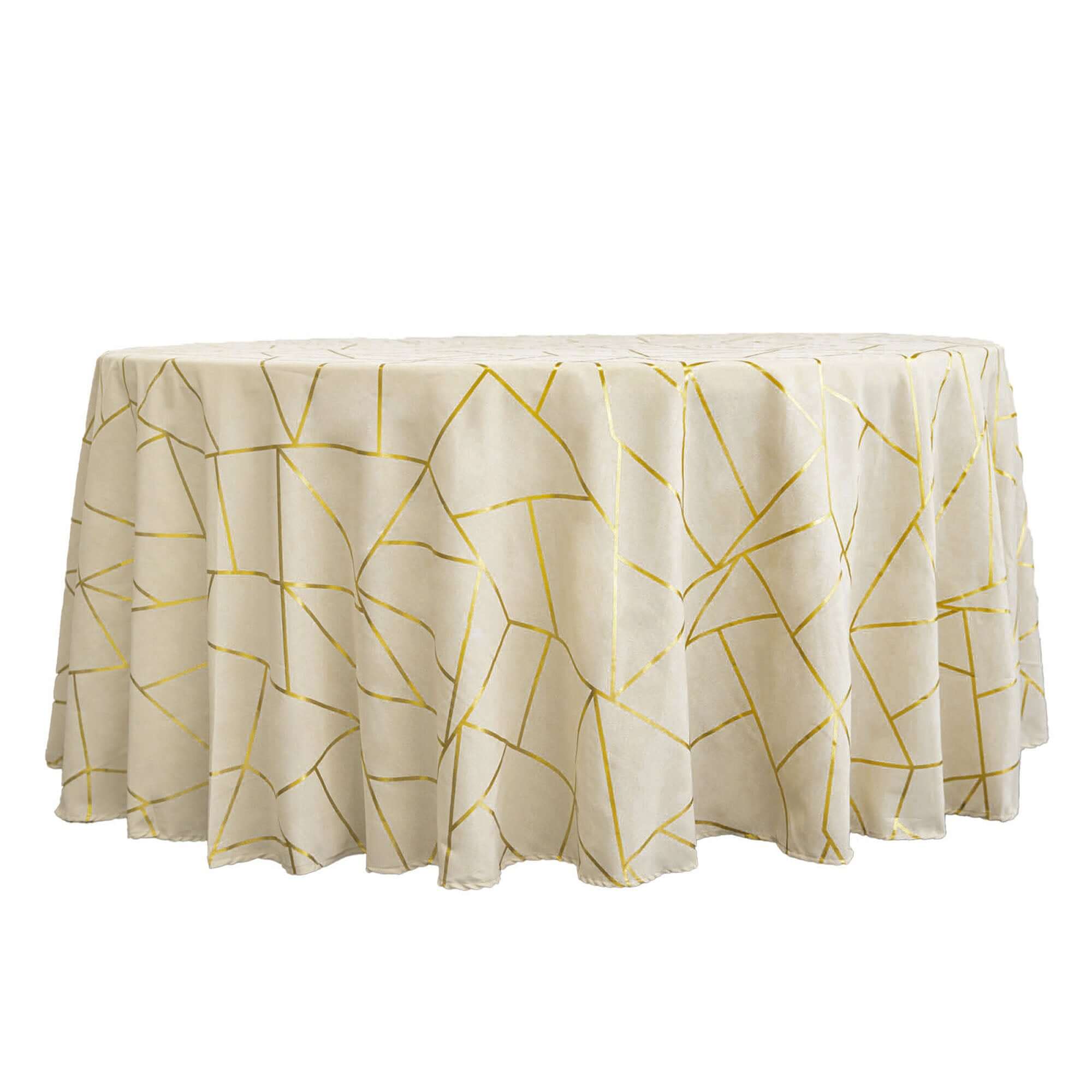 Polyester 120" Round Tablecloth Beige with Gold Foil Geometric Pattern Wrinkle-Resistant Seamless Table Cover