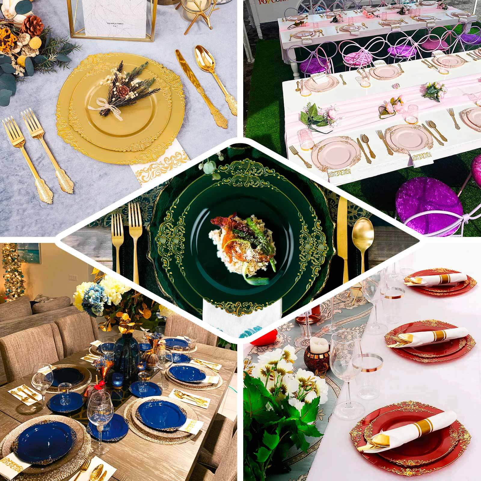 10-Pack Plastic 8" Round Dessert Plates in Burgundy with Gold Leaf Embossed Rim for Gatherings & Events