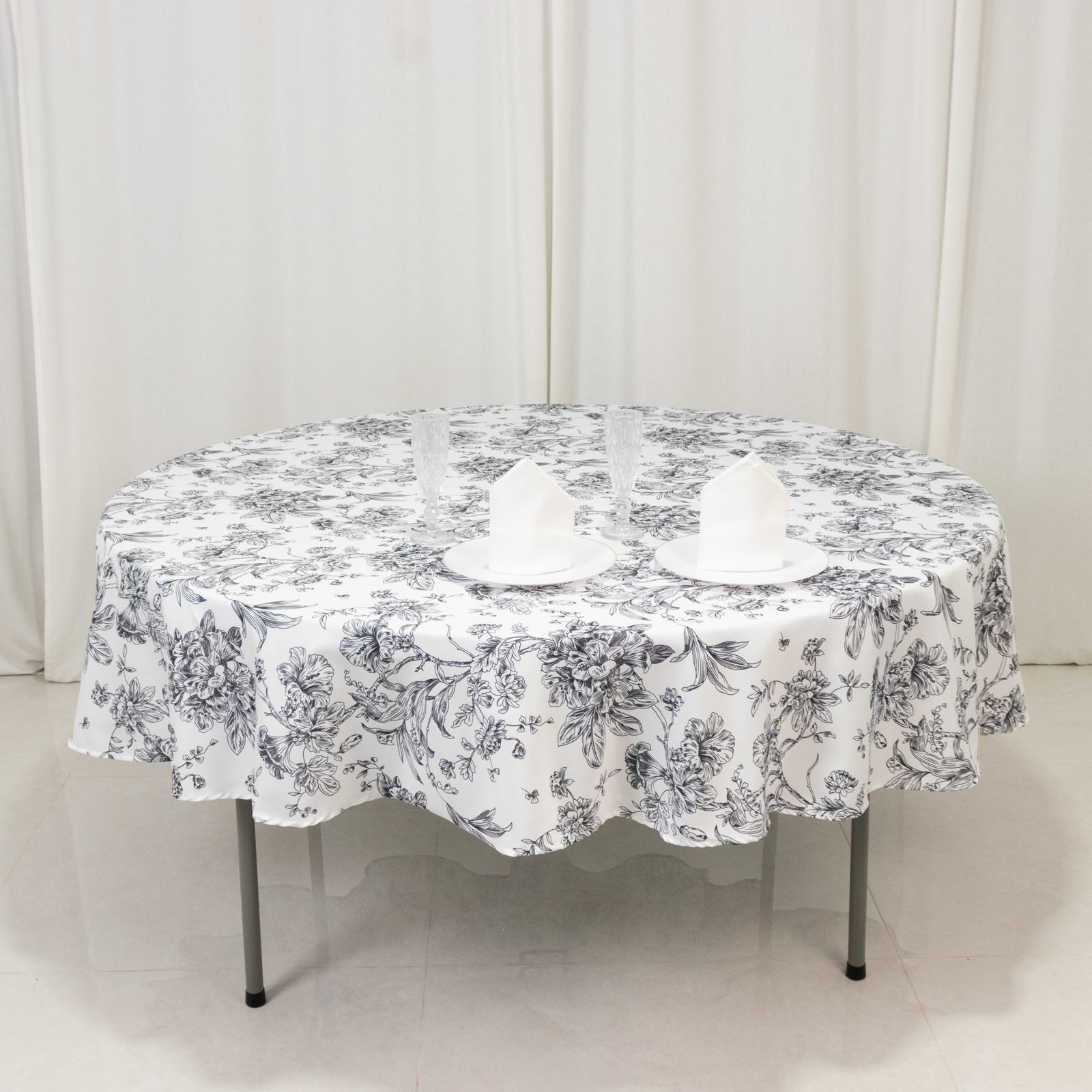 Polyester 90" Round Tablecloth White - Black French Toile Pattern for Chic Weddings