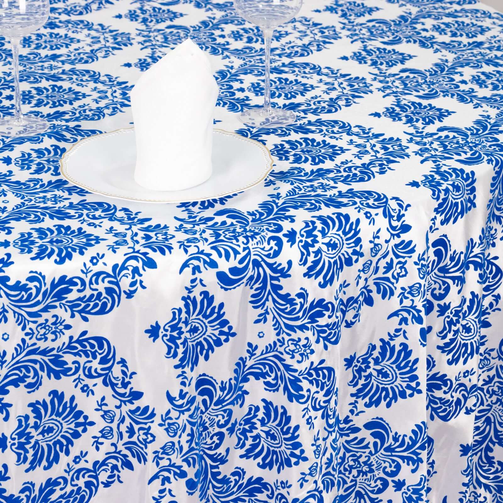 Taffeta 120" Round Tablecloth Royal Blue - Seamless Velvet Flocking Damask Table Cover