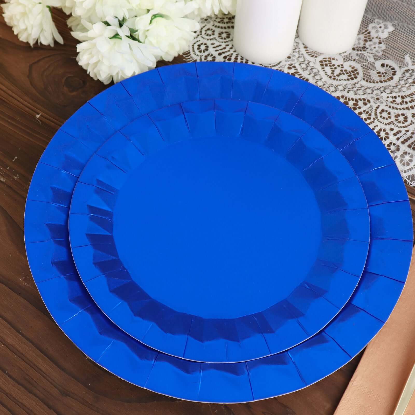25-Pack Paper 12" Round Charger Plates in Royal Blue with Geometric Prism Design - Disposable 400GSM Serving Trays