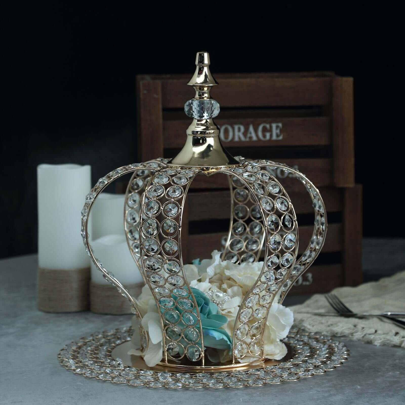 Crystal-Bead Royal Crown Cake Topper Metallic Gold - Dazzling Cake Centerpiece Decor for Luxurious Birthdays Receptions & Romantic Celebrations 14"