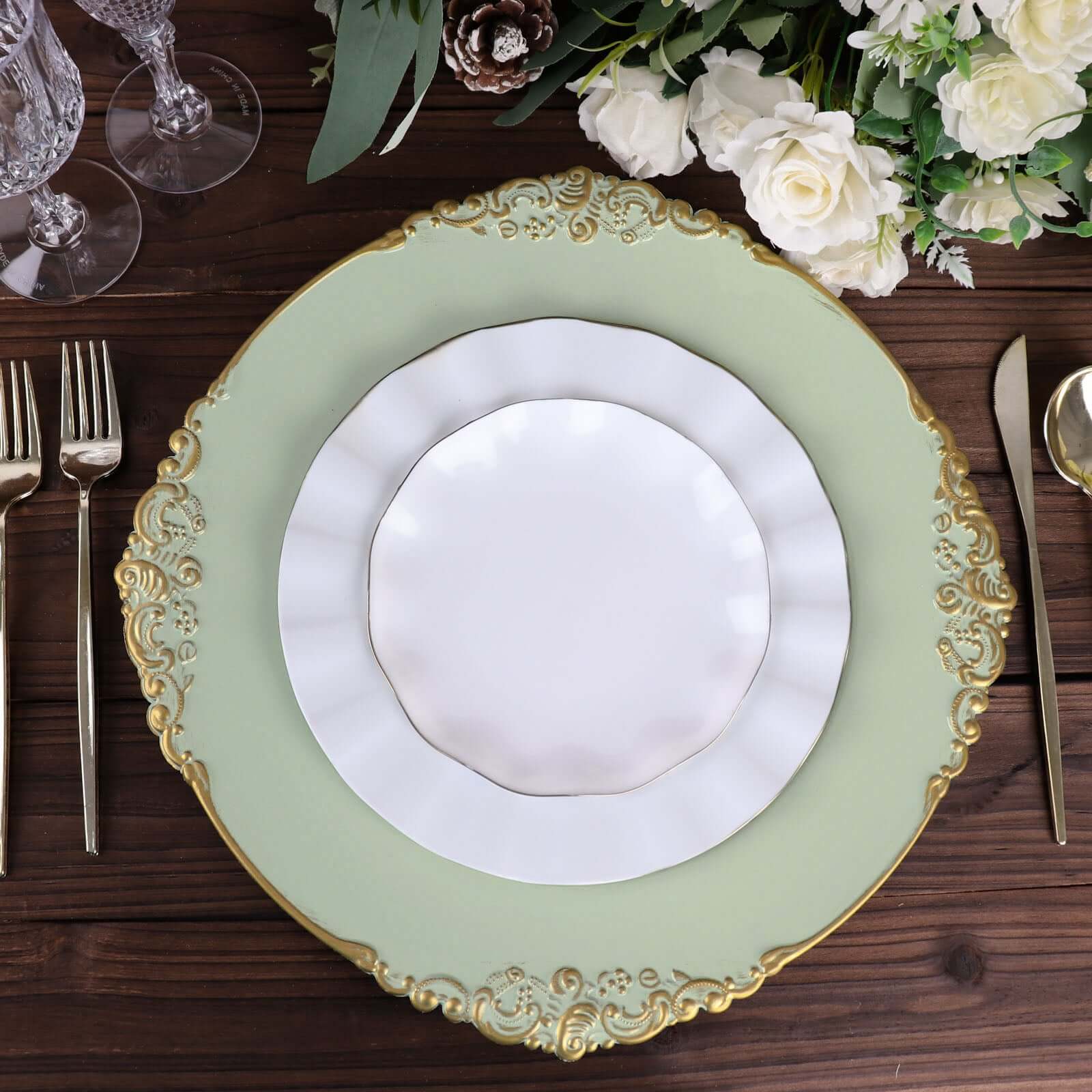 6-Pack Acrylic Round Charger Plates 13" in Sage Green with Gold Embossed Baroque Rim, Antique Decorative Dinner Party Charger Tableware