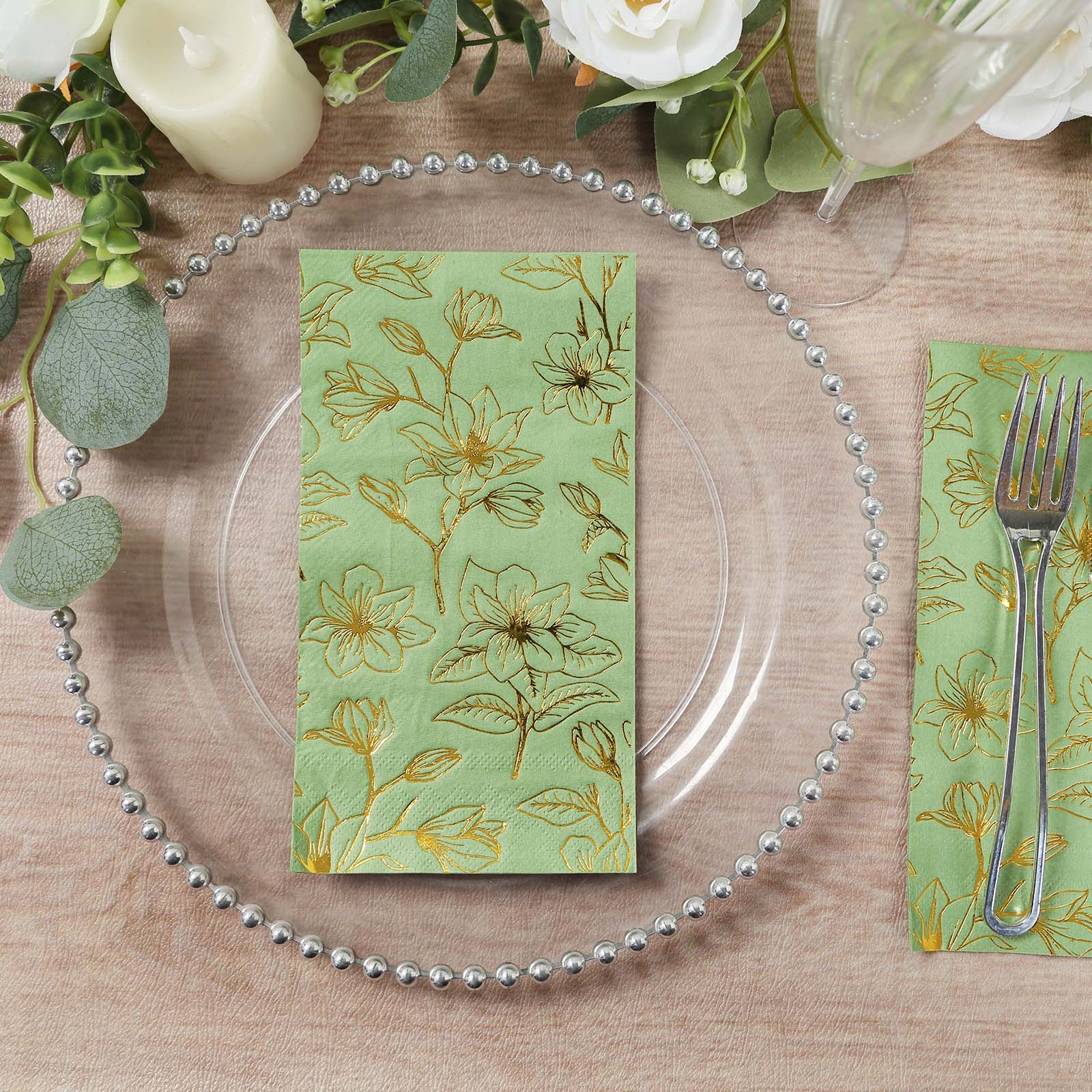 50-Pack Paper Dinner Napkins Sage Green with Gold Magnolia Flowers Print 2-Ply - Disposable Soft Napkins for Parties