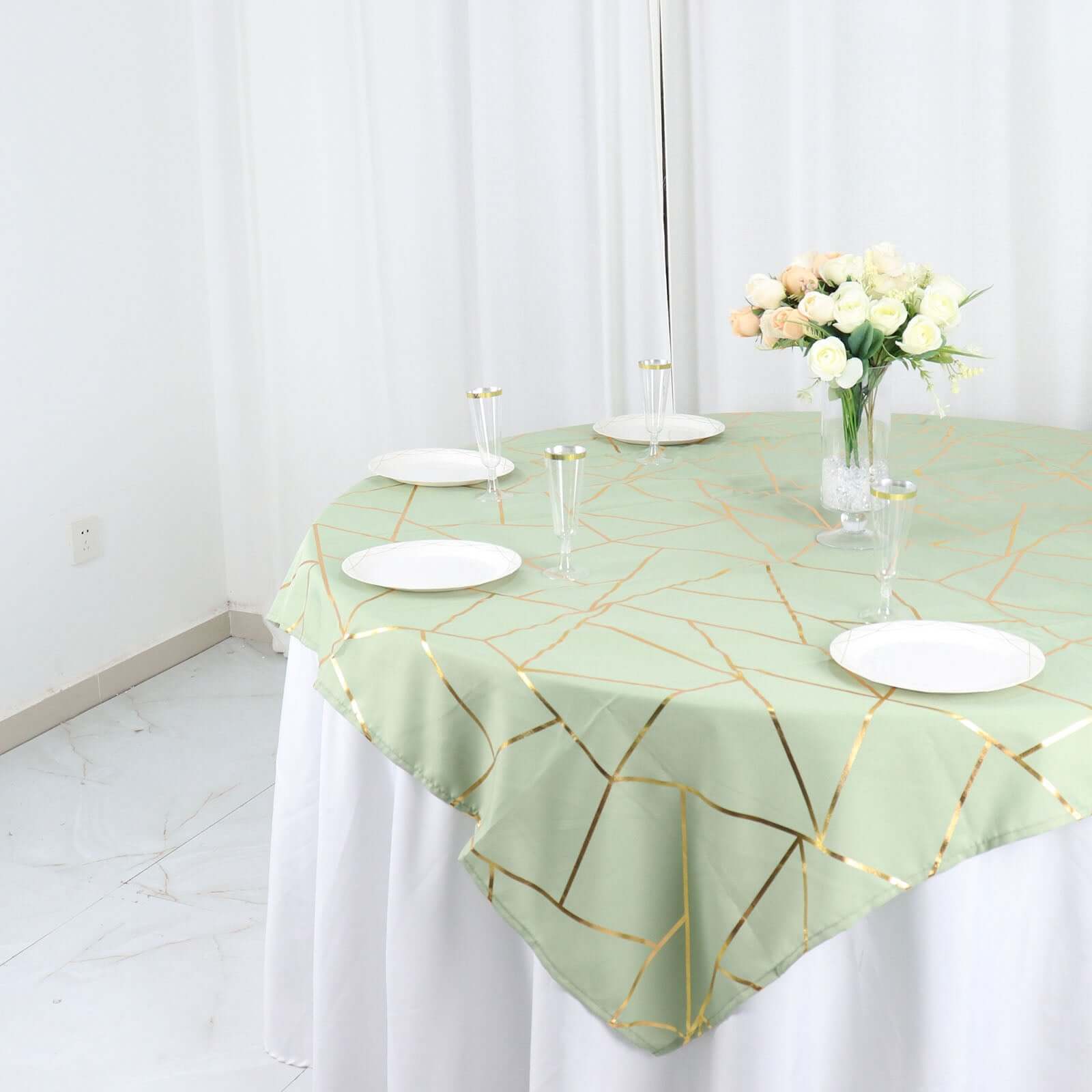 Polyester 54"x54" Table Overlay Square Tablecloth Sage Green with Gold Foil Geometric Pattern - Wrinkle-Resistant & Durable for Stylish Settings