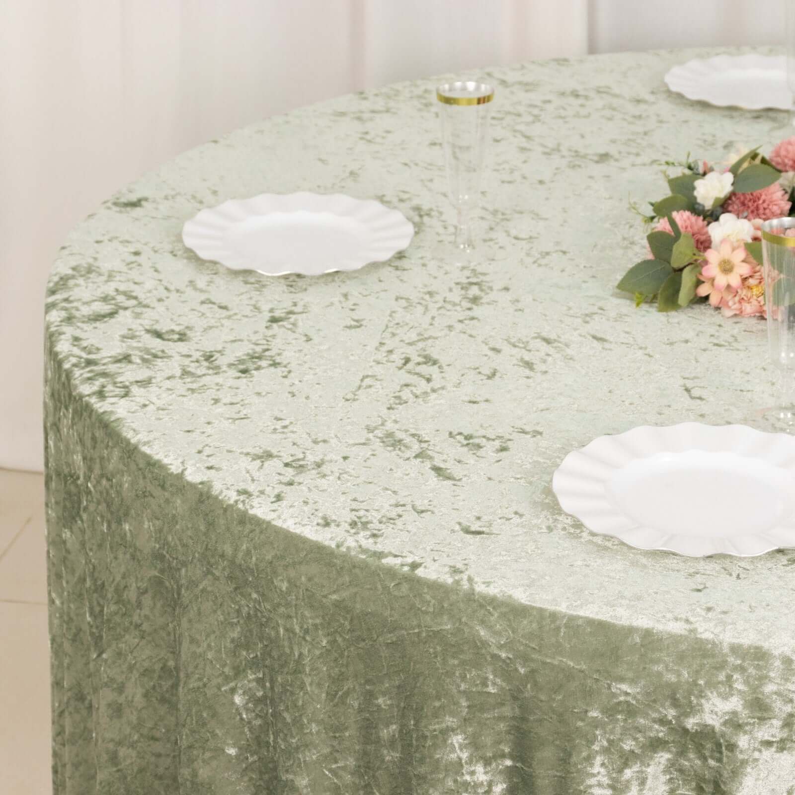 Premium Crushed Velvet 120" Round Tablecloth Sage Green - Reusable Soft & Stylish Seamless Table Cover