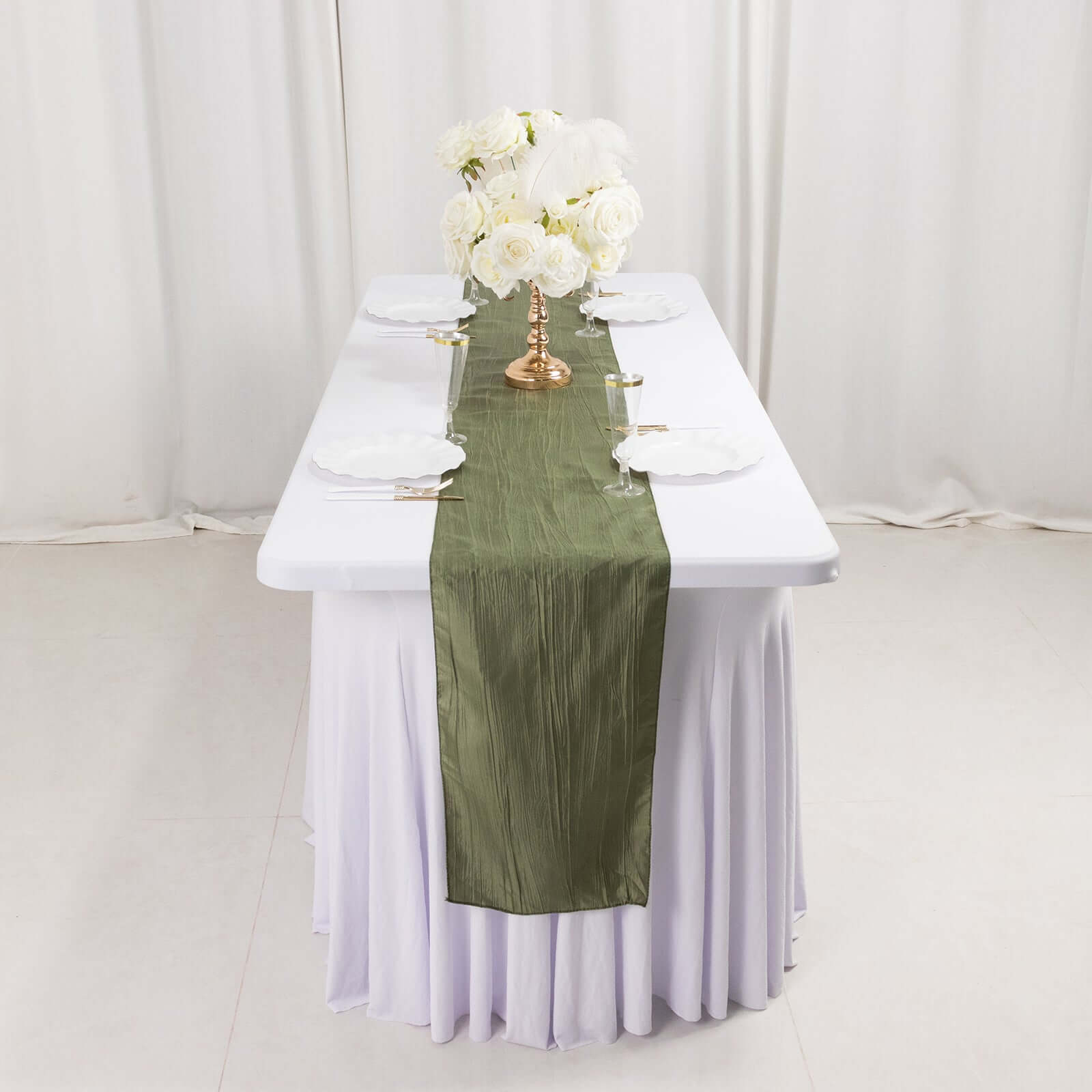 Taffeta 12"x108" Table Runner Dusty Sage Green - Accordion Crinkle Design